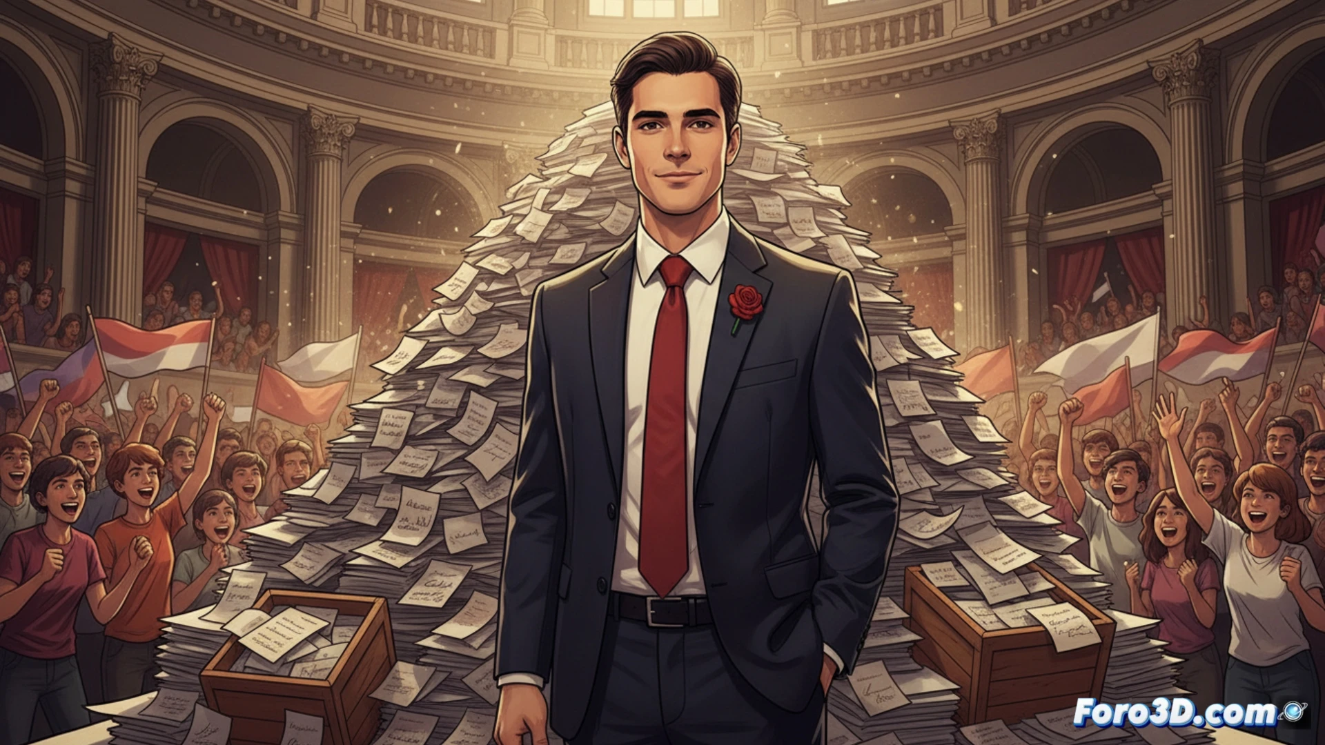 young man in a suit holding a stack of official documents with tripled number of signatures, standing confidently in front of a modern glass party headquarters, other young activists around him raising hands in support, political campaign posters on wall, laptop showing digital signature tally on screen, bright natural lighting through windows, cinematic political documentary style, photorealistic, sharp focus on documents and expressions, mid-shot composition, warm tones contrasted with blue party branding