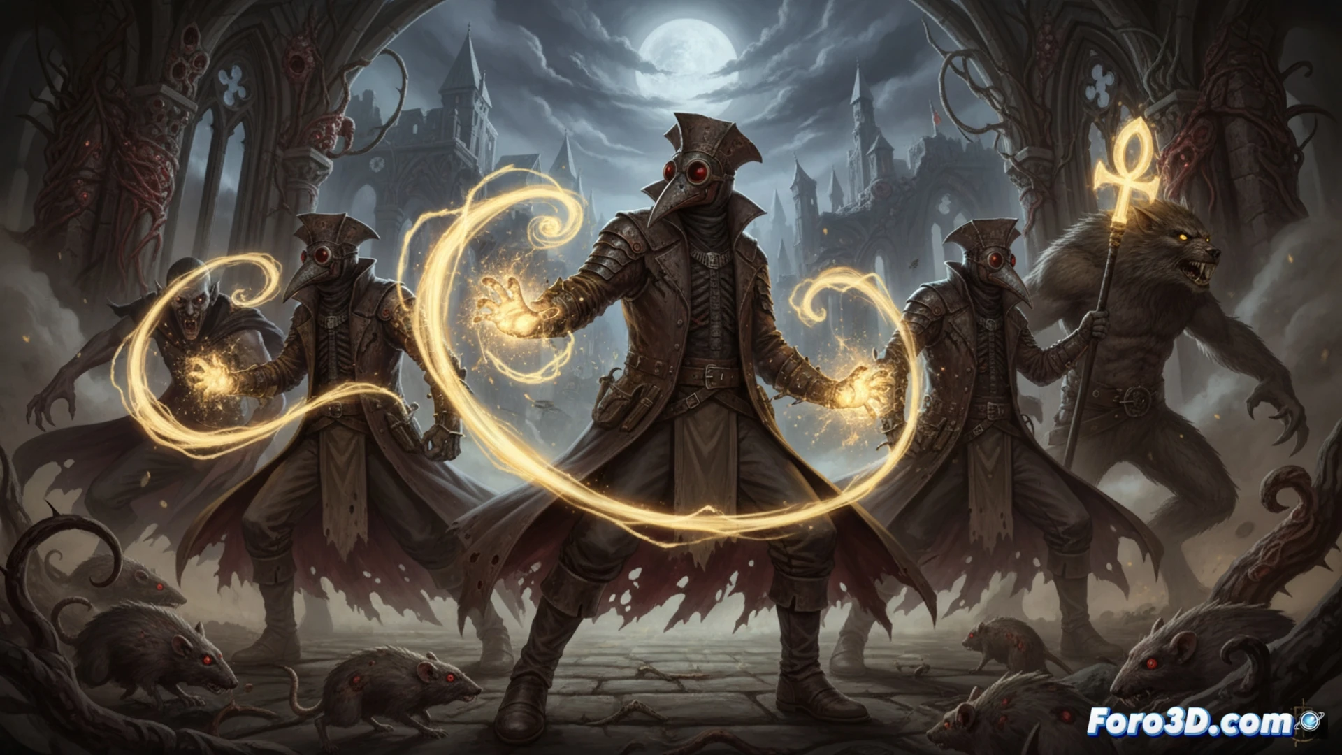 medieval plague doctor in dark hooded robes and beaked mask, holy light emanating from gloved hands while casting divine energy toward a snarling werewolf and shadowy vampire in a cobblestone street, during a misty night battle, the doctor s body beginning to dissolve into glowing particles as the power consumes him, Gothic cathedral ruins in background, cinematic horror illustration, dramatic chiaroscuro lighting, blood-red and sickly green accents, ultra-detailed leather and metal medical tools strapped to his belt, photorealistic dark fantasy render
