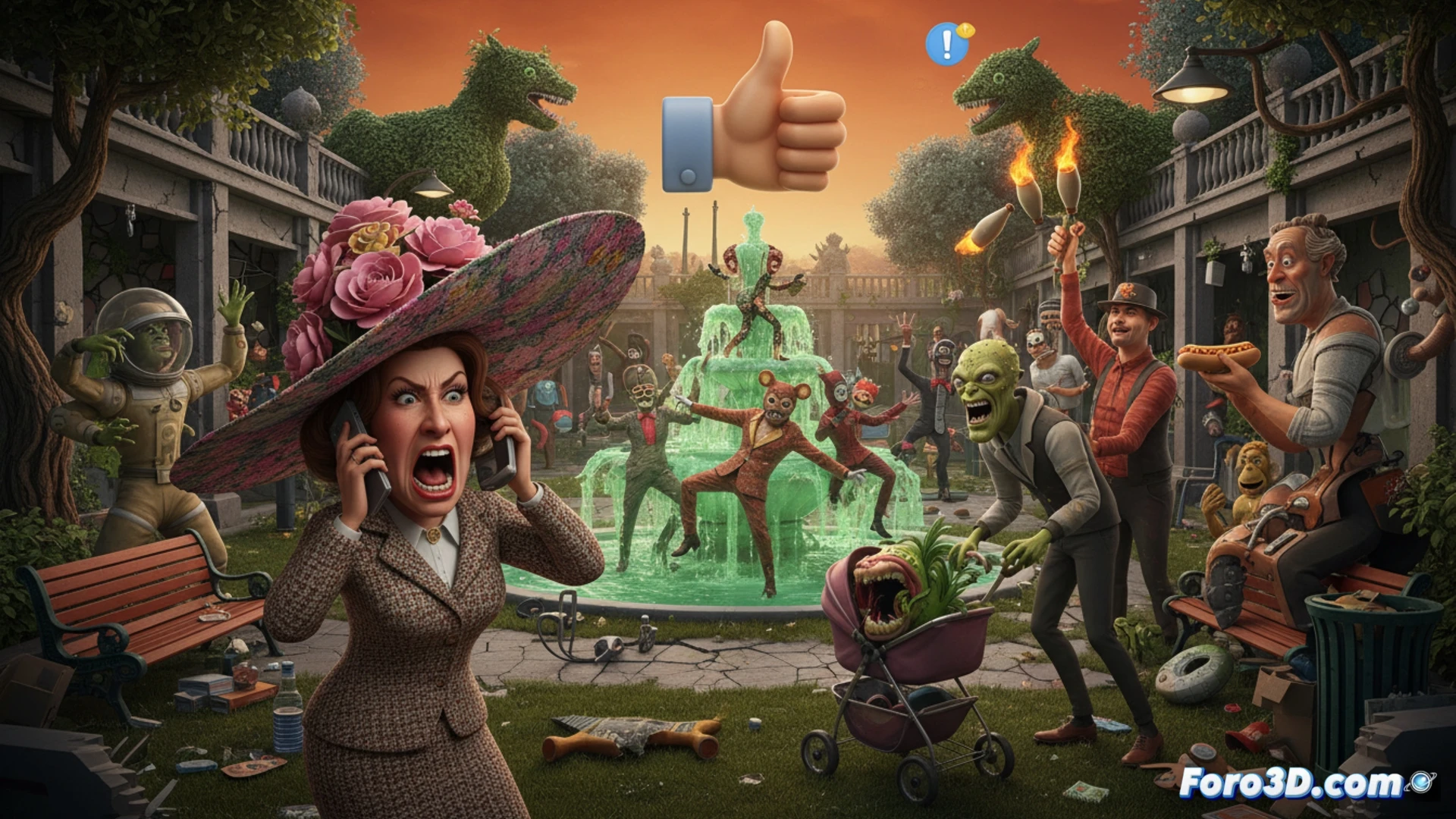 Jardín público surrealista con césped verde brillante, una burguesa con bolso de lujo sentada en un banco, un niño hiperactivo corriendo en círculos levantando polvo, un extraterrestre gris de grandes ojos negros observando desde un árbol, interacciones grotescas y satíricas, estilo 3D retro similar a Los Sims o GTA 2000, texturas poligonales bajas, iluminación plana de mediodía, sombras duras, colores saturados, cámara cenital inclinada capturando el caos social, humor absurdo y adulto, cinematográfica animación técnica