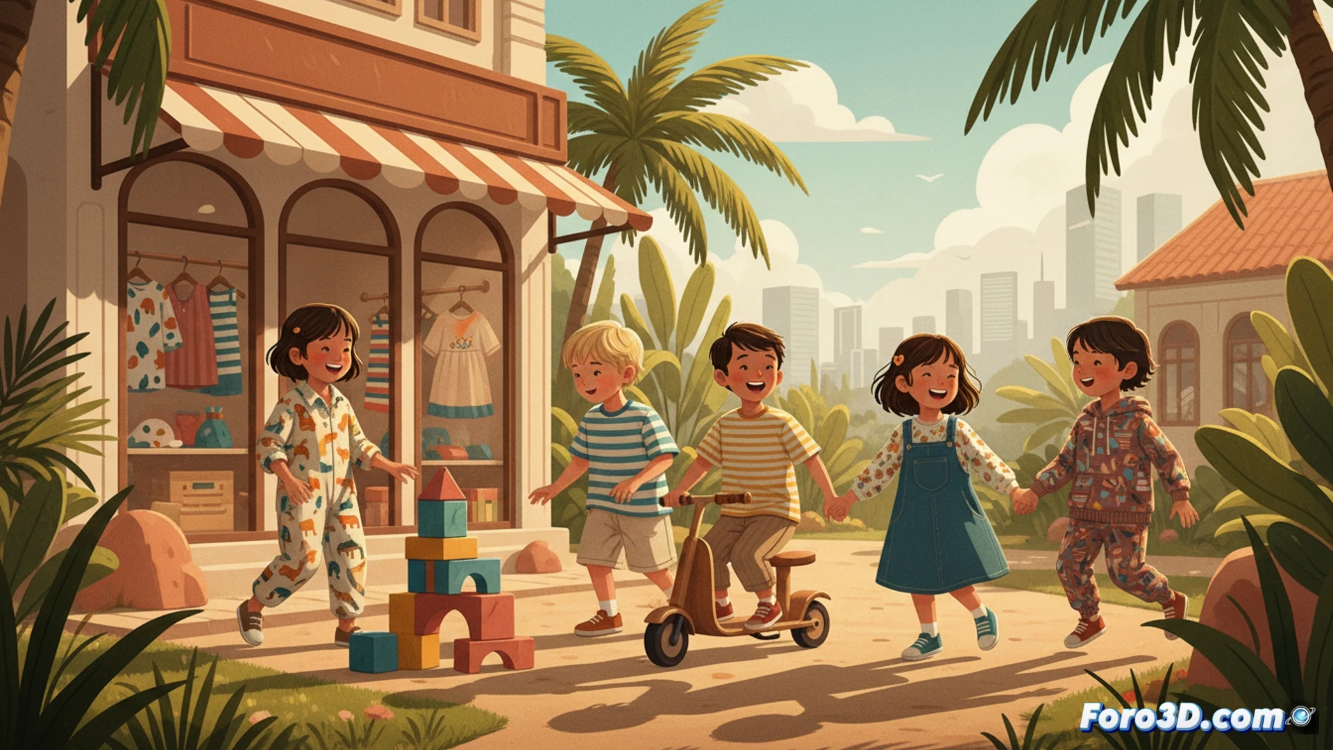 Minimalist children's clothing workshop scene, two designers adjusting gender-neutral patterns on a digital tablet while fabric rolls in soft pastel greens and yellows hang behind them, mannequin wearing a simple unisex jumpsuit with adjustable straps, sewing machine in action stitching a bright geometric print, modern Asian studio with large windows and wooden shelves, photorealistic technical illustration, soft natural lighting, clean lines, no logos, no text, calm professional atmosphere, focus on pattern-making process and unisex design details, gentle shadows, textile textures visible, eco-friendly materials shown