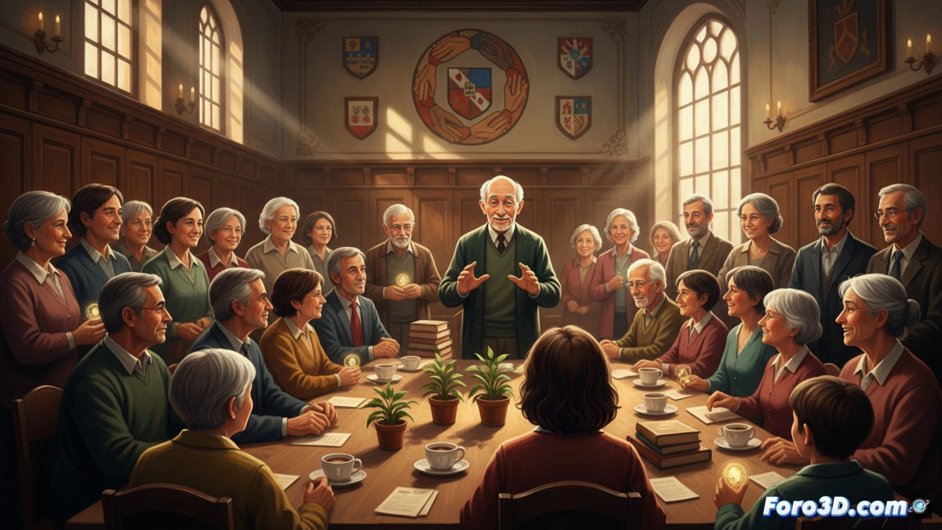 community hall interior during a mental health workshop, diverse neighbours sitting in a circle on wooden chairs, a speaker gesturing while explaining a diagram on a whiteboard showing brain and social connection symbols, attendees holding small notebooks and pens, soft natural light from tall windows, warm wooden floorboards, potted plants in corners, photorealistic cinematic style, calm inclusive atmosphere, subtle depth of field, emotional connection visible through engaged faces, technical illustration of community well-being tools
