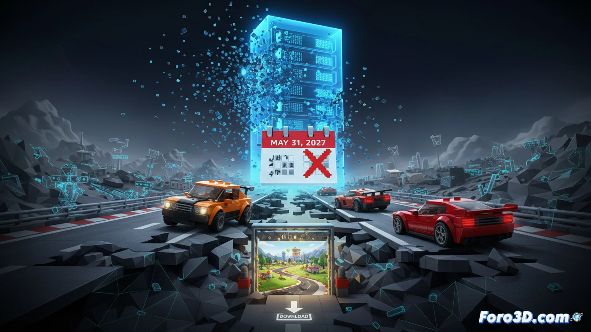 LEGO brick-built racing car mid-collapse into digital fragments, glowing server rack behind it flickering with red warning lights, controller with disconnected cable lying on cracked asphalt, sunset horizon with empty road stretching to a digital void, cinematic dramatic lighting, photorealistic technical illustration, motion blur on debris, glowing data streams fading into darkness, ultra-detailed mechanical and electronic components, melancholic atmosphere
