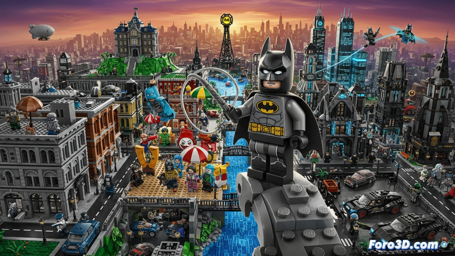 LEGO Batman de pie en Gotham, con estilos de cómics, Nolan, Burton y Arkham fusionados.
