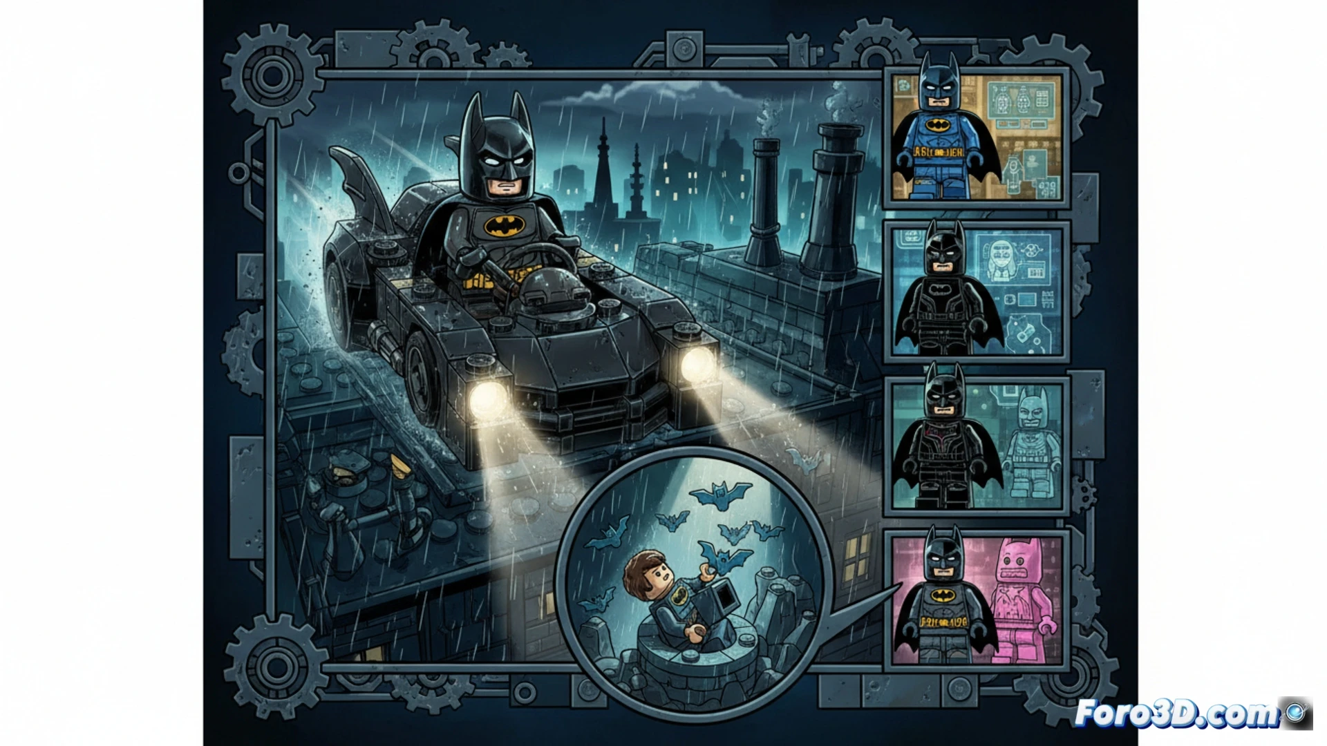 Batmóvil atravesando Gotham nocturna durante una persecución, ruedas traseras levantando chispas contra el asfalto mojado, capa de Batman ondeando mientras ajusta un dispositivo holográfico en el volante, panel de control iluminado mostrando mapas y selección de trajes, edificios góticos al fondo con neones reflejados en charcos, estilo cinematográfico técnico, luces de faros rasgando la oscuridad, humo de motor mezclándose con lluvia, texturas metálicas detalladas en el chasis, simulación de física de derrape visible en las marcas de neumáticos, render fotorrealista de ingeniería vehicular