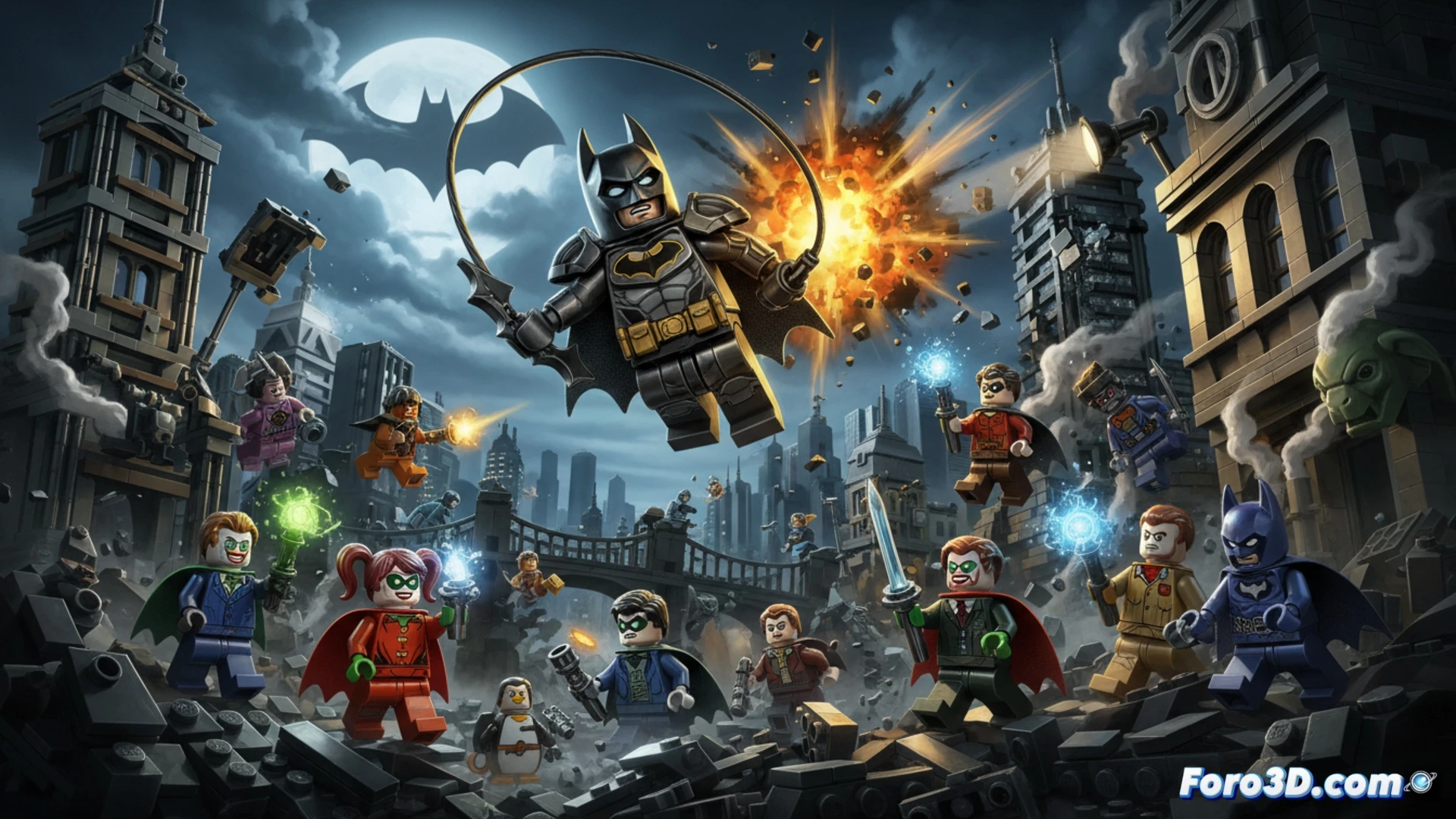 Batman de LEGO en Gotham, ladrillos digitales y fecha 22 de mayo en pantalla.