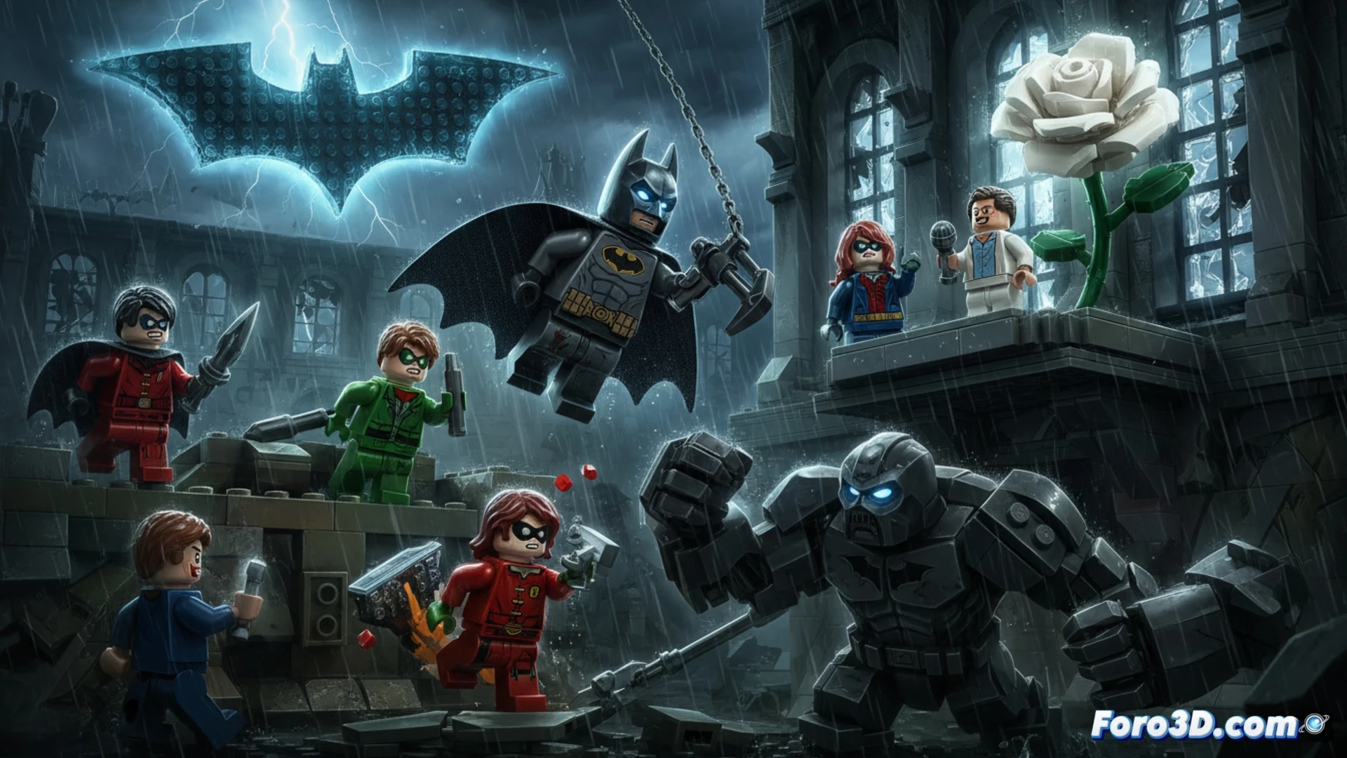 Una silueta de LEGO Batman en pose de combate Arkham, ladrillos negros y la silueta de Seal sobre un fondo de Gotham en llamas.
