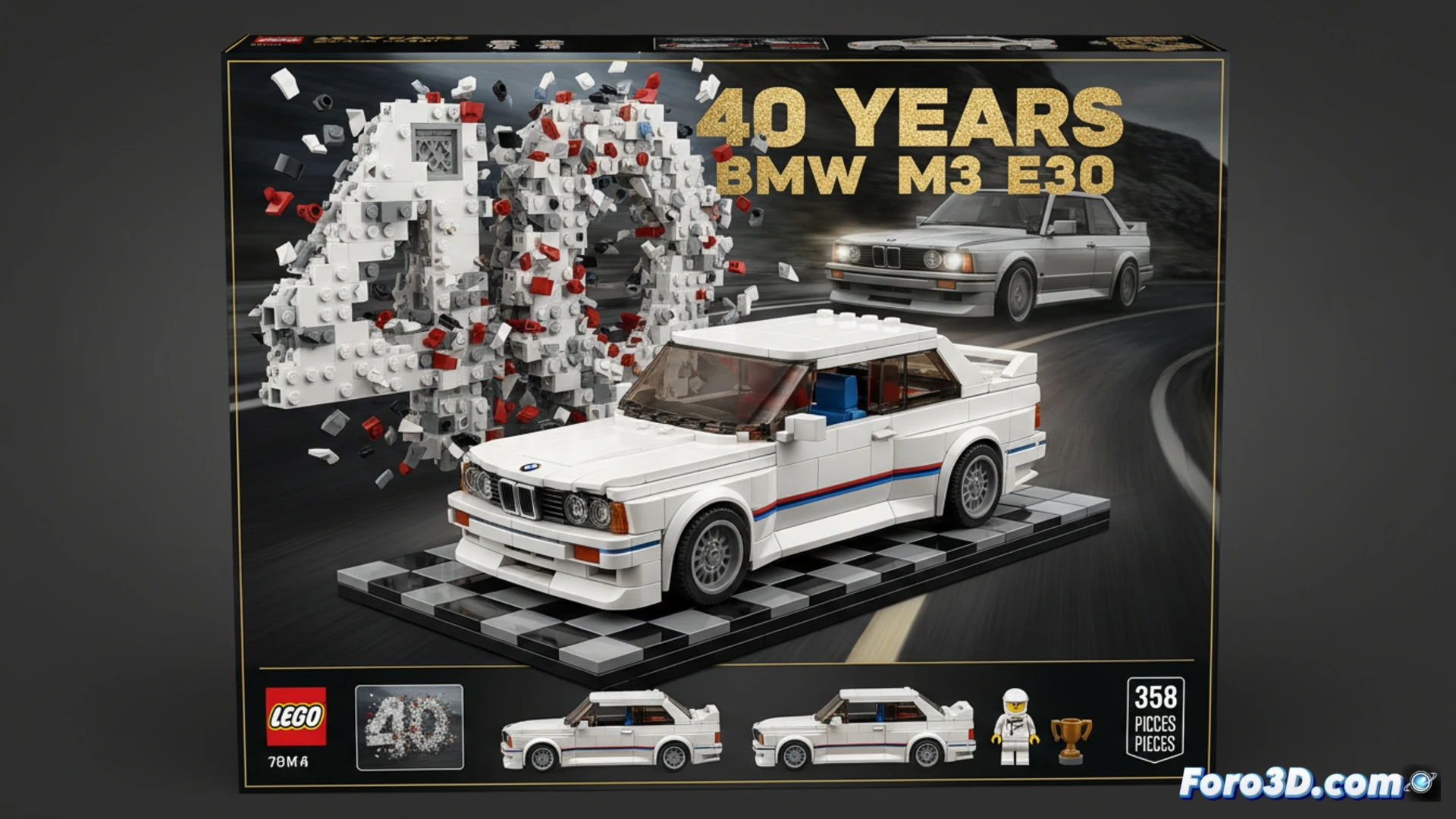 LEGO Bricks assembling into a detailed BMW M3 E30 model on a wooden workbench, mechanical gear wheels and tiny screwdrivers beside the half-built car, a miniature scale ruler measuring the 17-centimeter chassis, hands positioning the iconic red and blue racing livery pieces, cinematic engineering visualization, polished plastic surfaces reflecting warm workshop light, exploded view diagram faintly visible in background, photorealistic technical illustration, ultra-detailed brick textures, dramatic shadows emphasizing the hood curves and rear spoiler, action of connecting the final axle and steering wheel