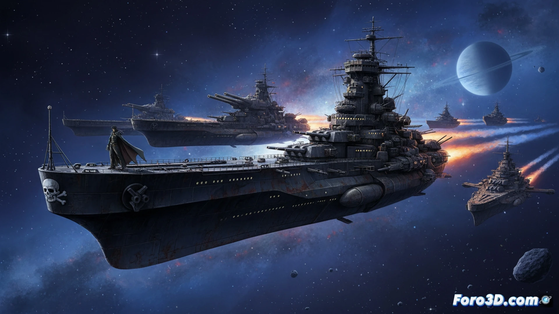 Leiji Matsumoto sketching a vintage battleship-shaped spacecraft on a drafting table, ink bottles and calligraphy brushes nearby, glowing holographic storyboard panels showing Captain Harlock and Galaxy Express 999 floating in a starry void, his hand actively drawing a long flowing cape while cosmic dust particles drift around the workspace, cinematic engineering visualization, dramatic chiaroscuro lighting from a desk lamp, ultra-detailed ink lines and mechanical ship hulls, melancholic blue and sepia tones, photorealistic technical illustration style