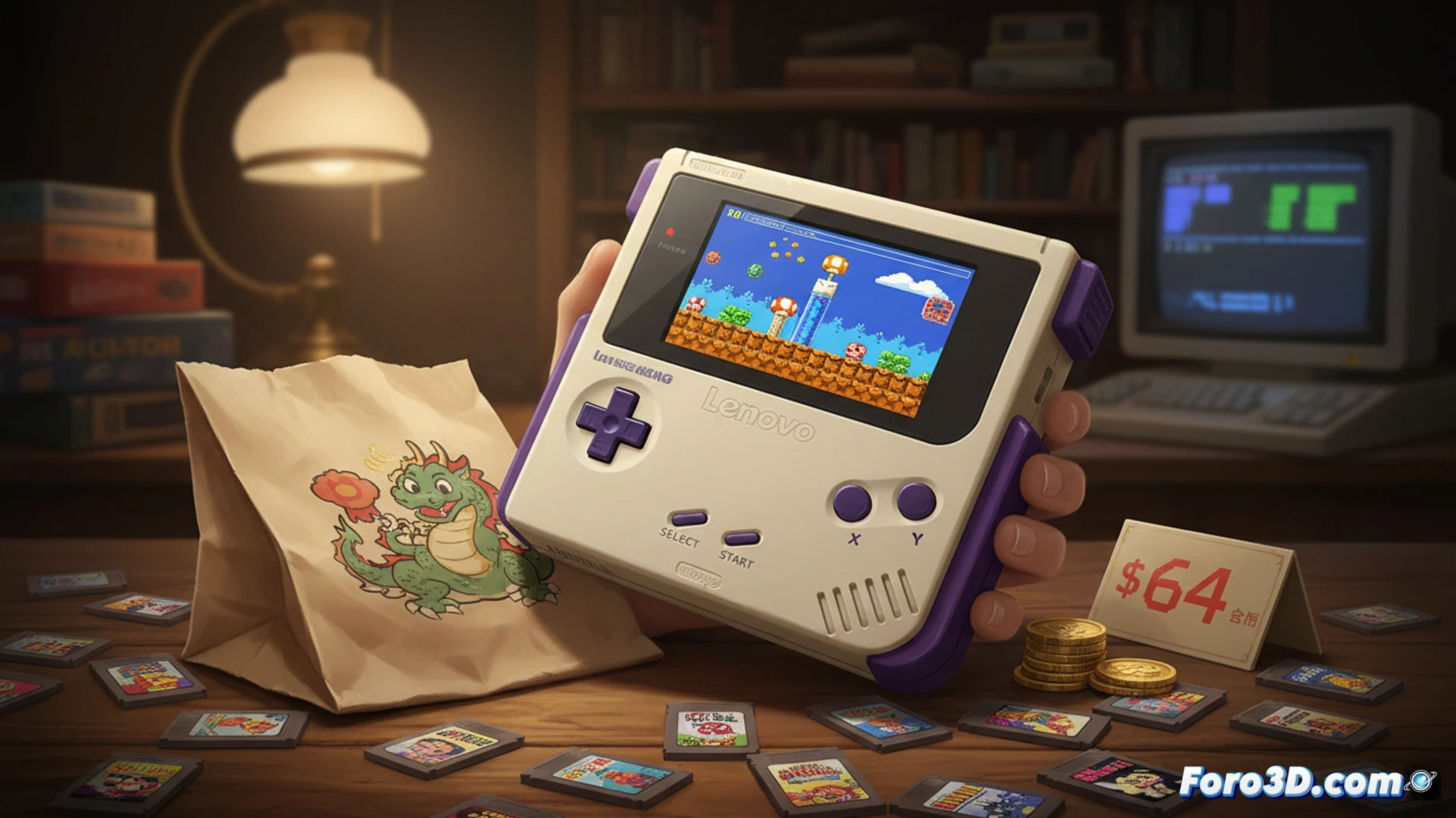 Retro handheld console being unboxed on a wooden desk, user pressing D-pad while classic Nintendo-style platformer game is displayed on screen, game cartridge slot empty beside device, internal circuit board visible through translucent back panel, USB-C charging cable connected, glowing green power indicator, nostalgic pixel art characters frozen mid-jump on screen, engineering visualization style, matte grey plastic shell with coloured buttons, subtle fingerprint smudges on screen, warm desk lamp lighting casting soft shadows, photorealistic technical illustration, clean product photography aesthetic