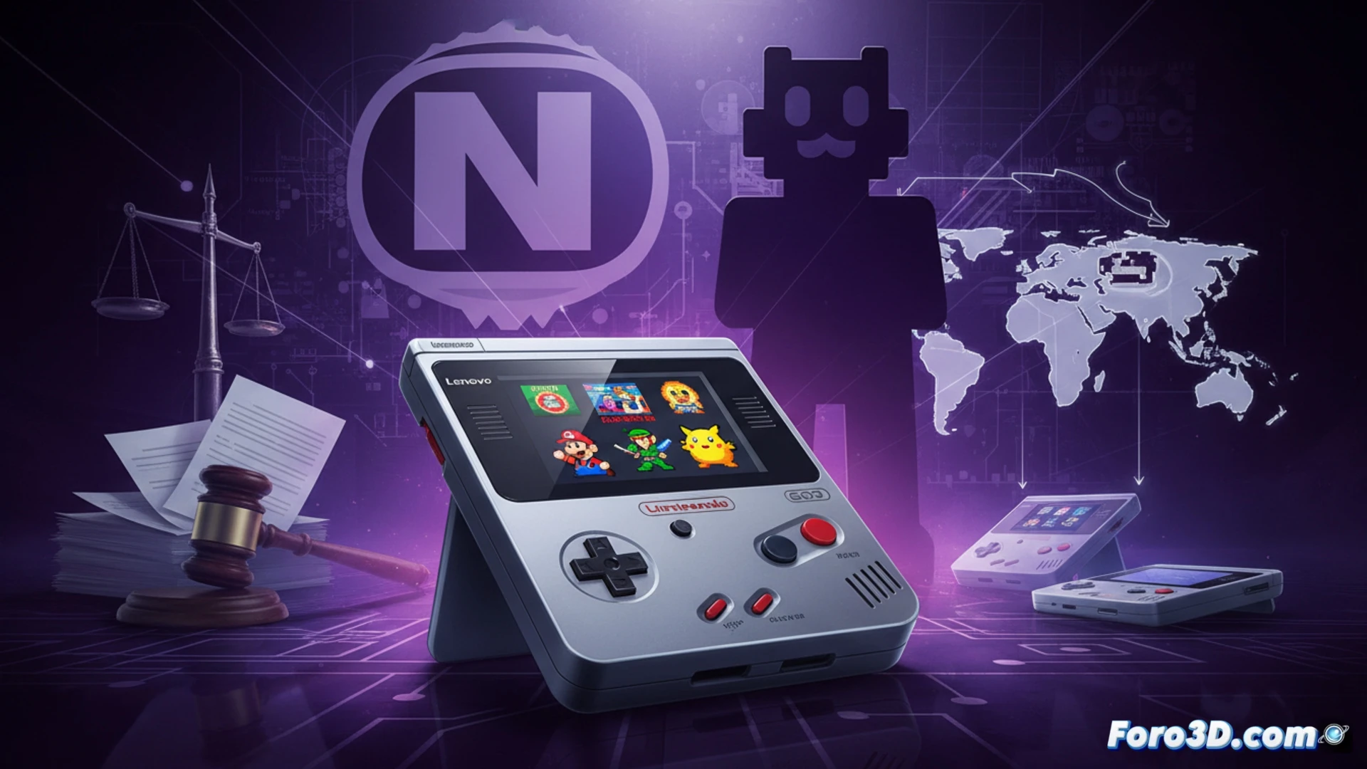Retro console Lenovo G02 on a wooden table, shadow of a Nintendo Switch controller looming over it like a legal threat, circuit board exposed with a cracked Nintendo ROM chip being inserted by a distributor hand, warning legal document stamped with Chinese seal partially unfolded next to the console, cinematic technical illustration, dramatic courtroom-style lighting casting long shadows, photorealistic hardware details, copper traces glowing faintly, dust particles suspended in beam of light