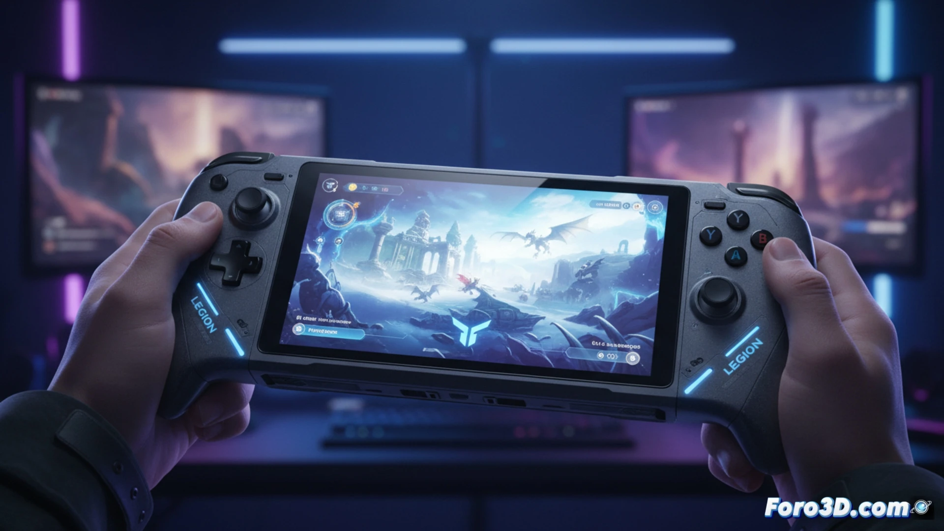 gaming handheld device with detachable controllers being pulled apart, revealing the AMD Ryzen Z1 Extreme processor chip inside the opened back panel, 8.8 inch QHD+ display showing a racing game in progress, one controller held in hand demonstrating ergonomic grip, the other controller magnetically detached mid-action, internal cooling fan and heat pipes visible, screws and precision tools on a workbench nearby, cinematic technical illustration, photorealistic engineering visualization, dramatic side lighting highlighting metallic textures and circuit board details, ultra-sharp focus on chip and connector pins, subtle motion blur on controller separation
