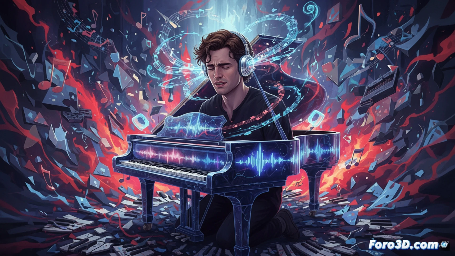 Leo Woodall sentado en un estudio de grabación oscuro, auriculares protectores de alta densidad sobre las orejas, manos suspendidas sobre un piano de cola, hojas de partituras con anotaciones de frecuencias sonoras dañinas, diagramas de ondas acústicas superpuestos en una tableta digital junto a un medidor de decibelios digital, expresión de concentración intensa mientras simula incomodidad auditiva, cables de micrófono y monitores de estudio de fondo, iluminación dramática de alto contraste, estilo cinematográfico hiperrealista, textura granular de película, profundidad de campo estrecha, bokeh suave en equipos técnicos.