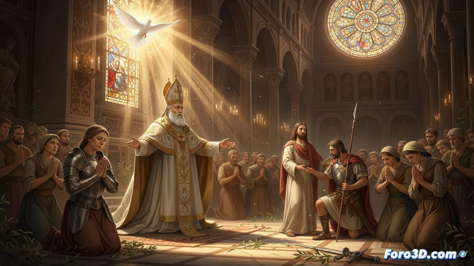 Cúpula renacentista iluminada por luz dorada durante misa de Pentecostés, Papa León XIV de pie frente al altar con brazos extendidos en gesto de perdón, mientras rayos de sol atraviesan vitrales formando una cruz de luz sobre la congregación, manos entrelazadas en oración entre líderes militares y civiles, fondo con mapa mundial de conflictos desvaneciéndose en partículas de luz, estilo cinematográfico hiperrealista, textura de mármol y terciopelo rojo, contraste dramático entre sombras profundas y resplandor celestial, composición simétrica, lente gran angular, fotografía sacra técnica.