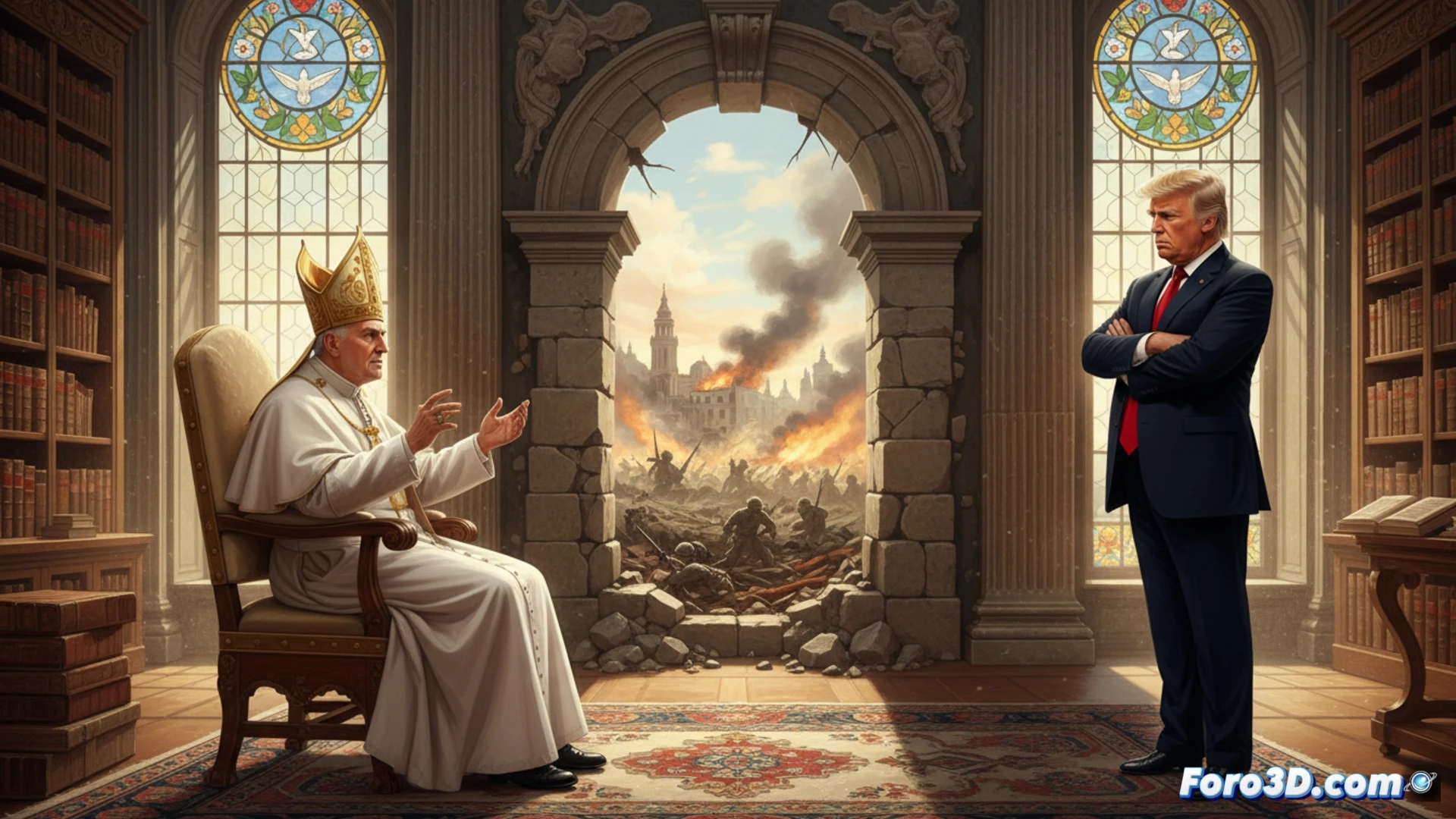 Un Papa de blanco, firme en un atrio vaticano, con gesto sereno; al fondo, banderas de EE.UU. e Irán se desvanecen entre nubes de guerra.