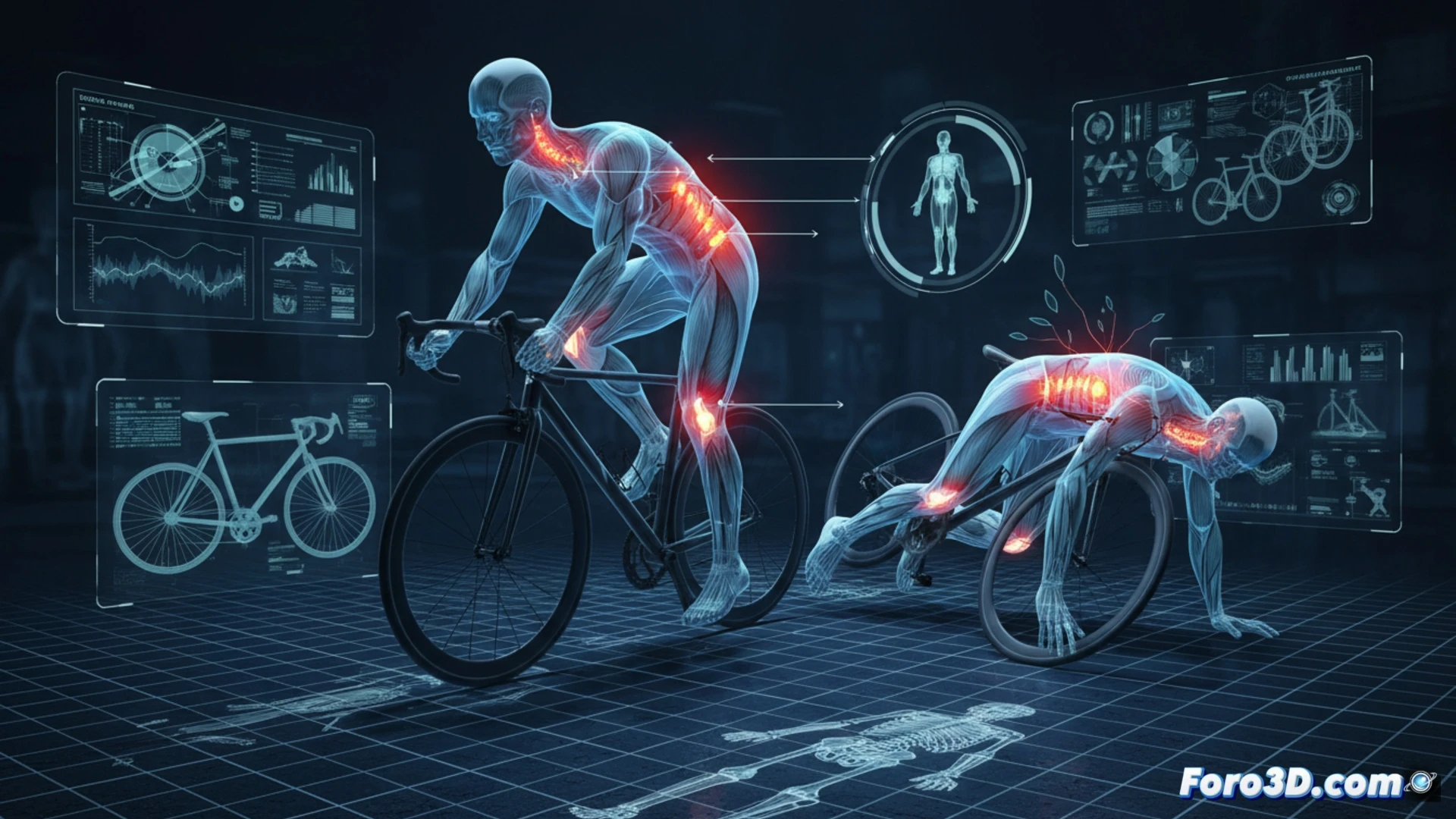 Simulación 3D de impacto en ciclista mostrando tensión en columna y extremidades para análisis biomecánico