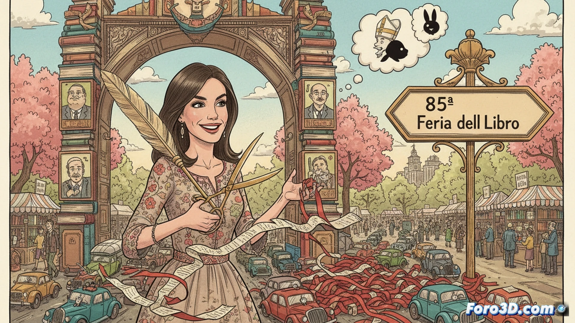 Reina Letizia inaugurando la Feria del Libro en el Retiro, sosteniendo un libro abierto con ilustraciones satíricas, fondo de casetas literarias y un semáforo en rojo mostrando atasco, mientras al fondo se ven carteles de concierto de Bad Bunny y silueta papal, tráfico de coches y peatones bloqueados en la entrada del parque, estilo fotorealista cinematográfico, iluminación natural de atardecer madrileño, multitud de visitantes con expresiones humorísticas, detalles de libros apilados y puestos de feria, atmósfera vibrante y caótica, alta definición técnica.