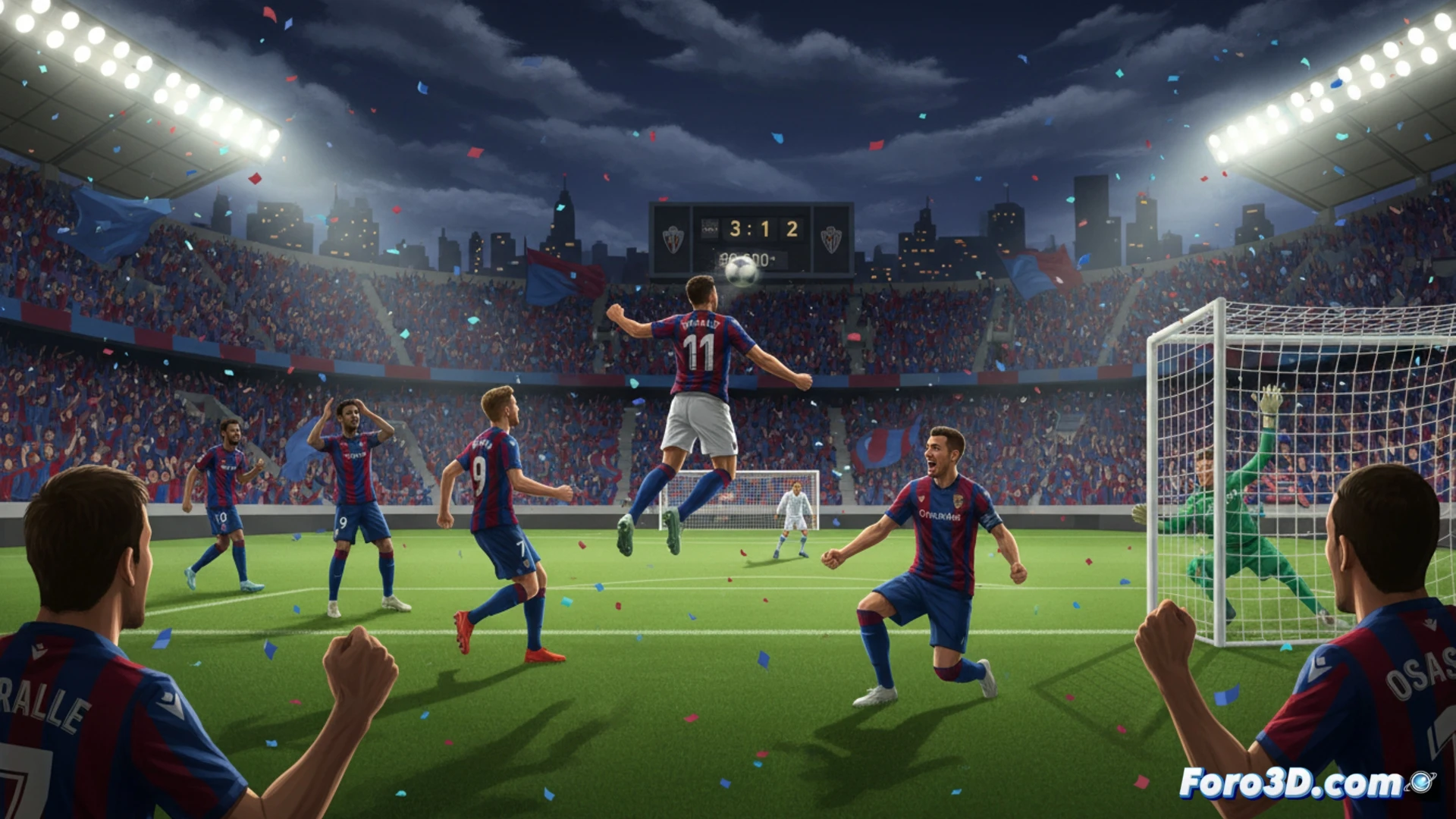 Jugadores del Levante celebran un gol en el Ciutat de Valencia, remontando 3-2 a Osasuna con Morales, Roger y penalti decisivo.