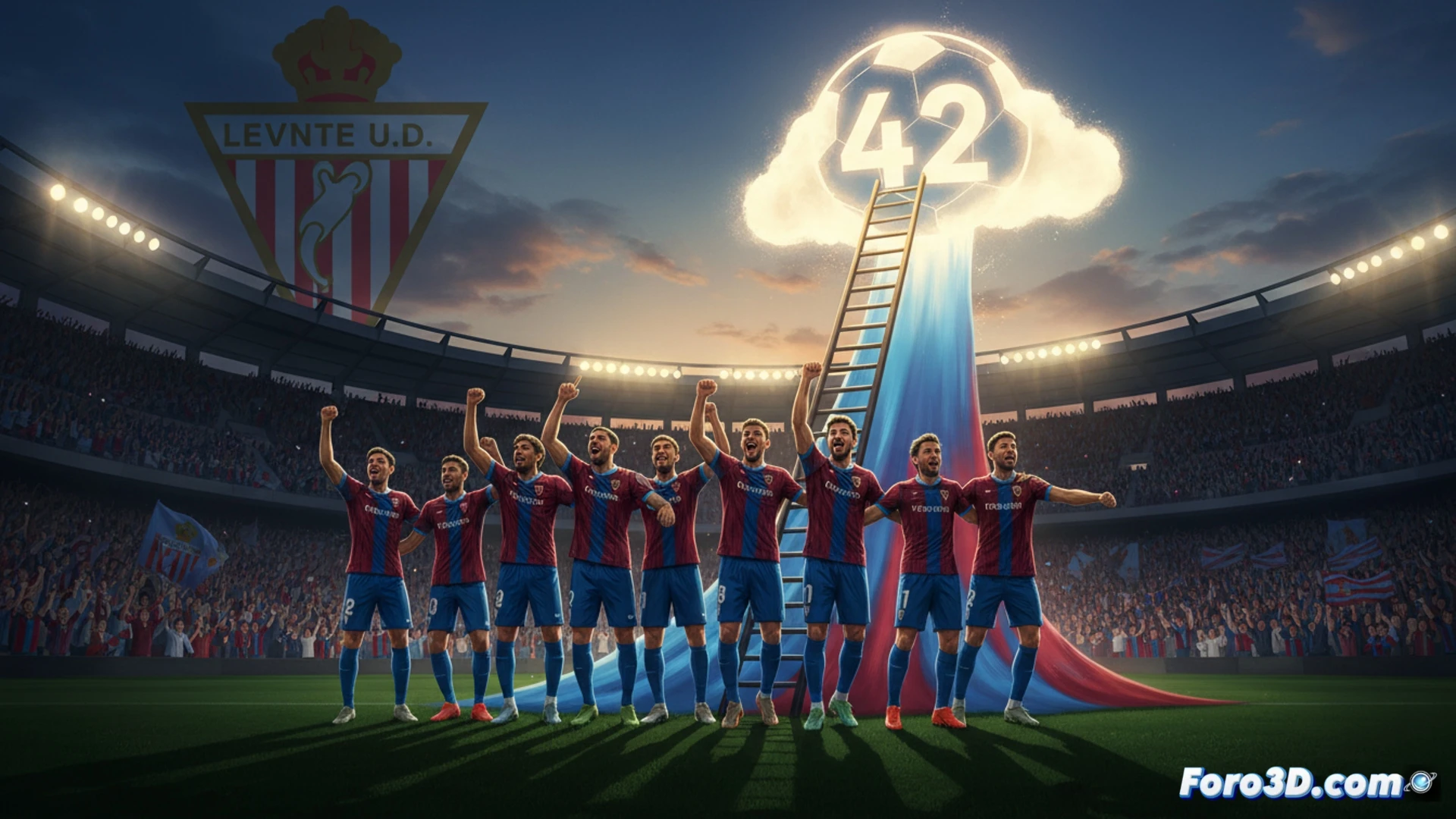 Levante UD defenders in white and burgundy shirts blocking a Mallorca forward’s shot inside a packed Ciutat de València stadium, goalkeeper diving to catch the ball, stadium floodlights casting dramatic shadows on the pitch, photorealistic sports broadcast style, frozen action shot, sweat droplets visible, intense facial expressions, green grass texture, crowd blurred in background, high contrast lighting, dynamic body tension, cinematic realism