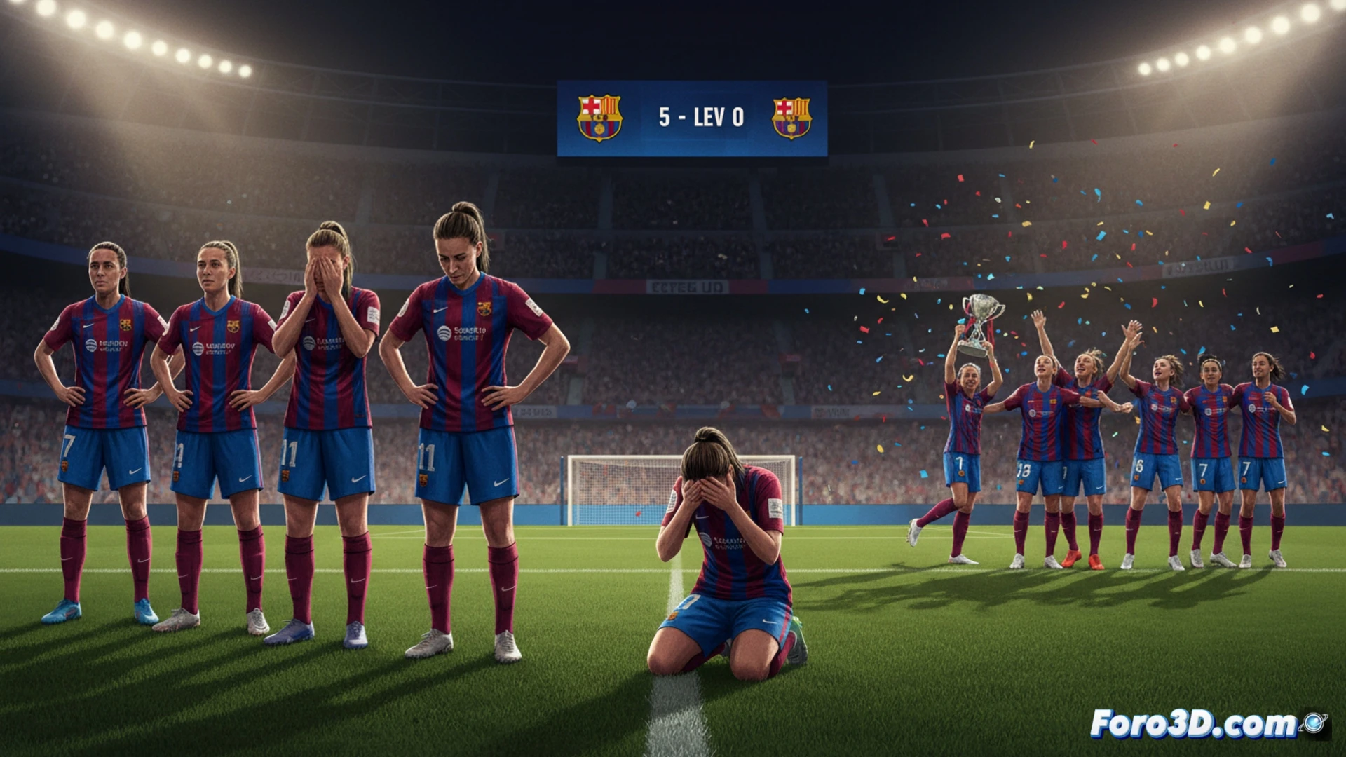 Jugadoras del FC Barcelona celebran su goleada 5-0 ante el Levante UD en el Johan Cruyff, sellando el descenso granota a Segunda División.