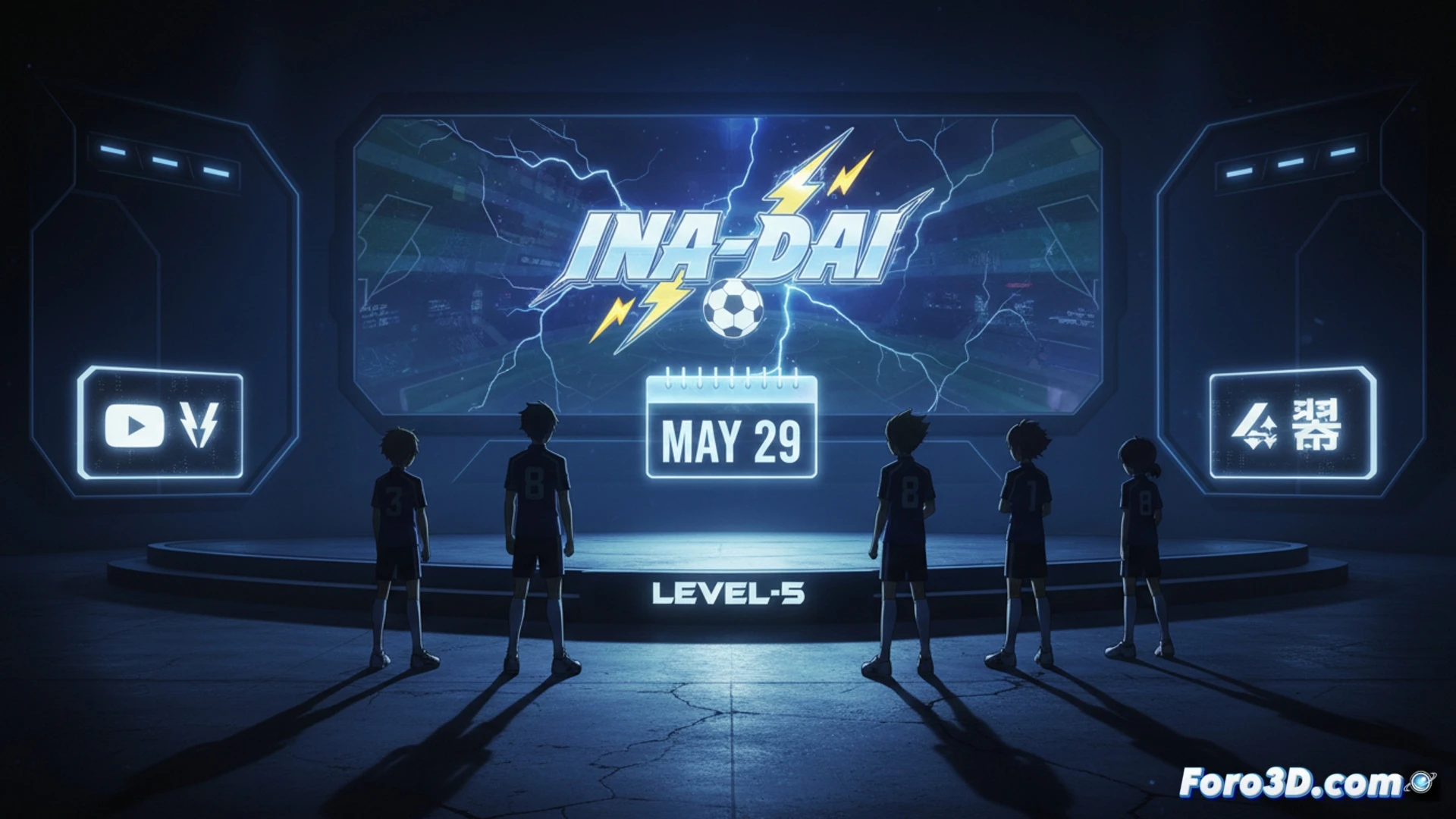 anime-style stadium field during a soccer match, holographic projection of a soccer ball splitting into digital fragments while a stylized lightning bolt strikes the center circle, player silhouettes in dynamic poses with energy trails around their feet, glowing interface panels floating on both sides showing gameplay data streams and battle stats, cinematic game engine visualization, bright blue and yellow neon lighting, motion blur on sprinting characters, particle effects from special moves, detailed character uniforms with futuristic armor accents, photorealistic anime render