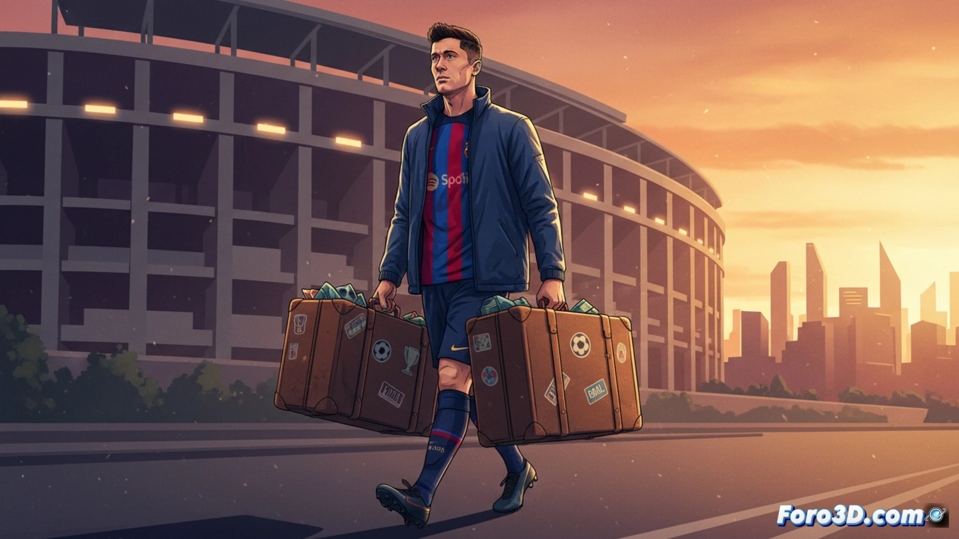 Robert Lewandowski en un campo de fútbol vacío, girando su cuerpo mientras dispara un balón que se desvanece en partículas doradas, maleta técnica de viaje abierta mostrando botas desgastadas, trofeos miniaturizados y un mapa táctico del Barça enrollado, fondo de césped iluminado por focos de estadio, estilo cinematográfico fotorrealista, iluminación dramática crepuscular, texturas de césped y cuero detalladas, composición de despedida en acción, render técnico deportivo.