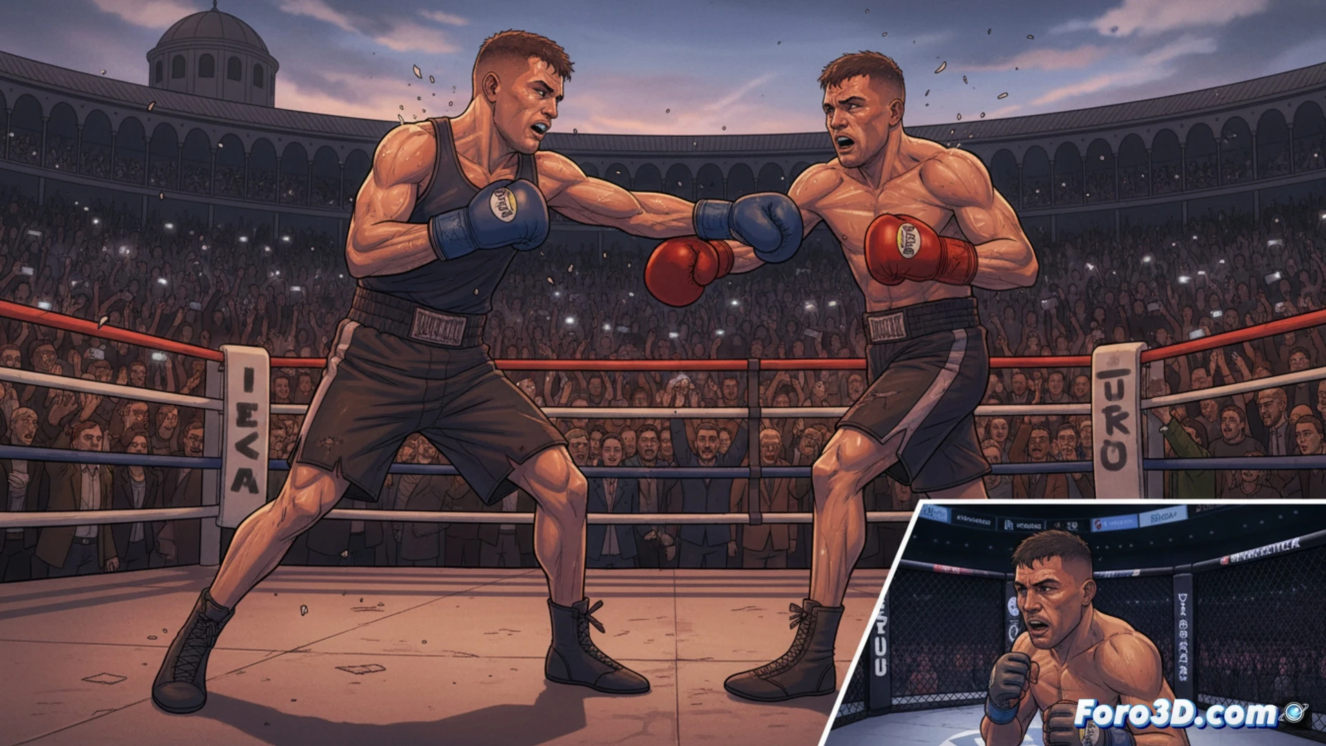 mixed martial artist in boxing stance inside an octagonal cage, red and blue gloves mid-punch toward opponent, sweat flying off face, cage mesh visible in background, neon city lights reflecting off metal floor, split-screen showing Twitch chat overlay on right side, technical fight analysis graphics with trajectory lines and impact force indicators, cinematic photorealistic render, dramatic spotlight from above, motion blur on striking fist, detailed muscle definition under ring lights, gritty urban atmosphere, high contrast shadows, ultra-sharp focus on fighter's determined expression