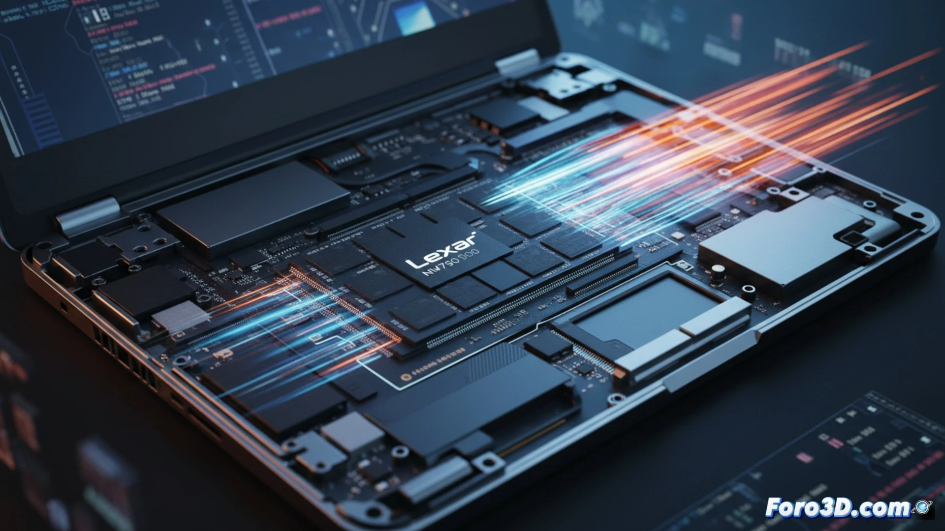 Lexar NM790 SSD NVMe instalado en placa base compacta, sin disipador, ventilador de portátil soplando aire fresco directamente sobre el controlador y chips NAND, software CrystalDiskMark mostrando 7400 MB/s en pantalla, cables SATA desconectados a un lado, placa madre Mini-ITX con espacio mínimo, flujo de aire azul resaltando la eficiencia térmica, sin zonas rojas de calor, fotorealistic technical illustration, iluminación de estudio con reflejos metálicos en el conector M.2, fondo oscuro con detalles de circuitos, render ultradetallado de componentes electrónicos