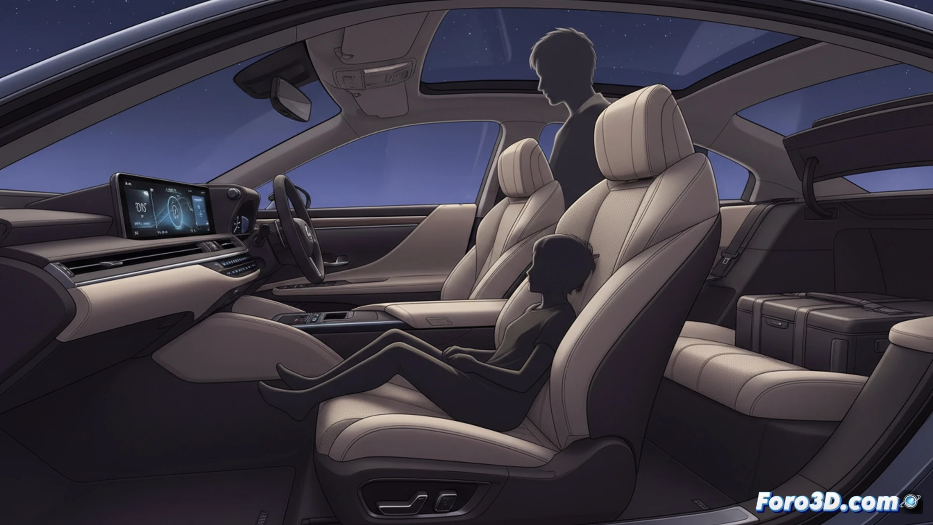 Lexus ES 2026 cabin cross-section, driver under 170 cm seated comfortably, radiant knee heater glowing orange near legs, ventilated seat airflow visible as cool blue mist rising from perforated leather, steering wheel heat shimmering red, dual-zone climate control vents directing air streams, generous 18 cubic foot trunk open with luggage, photorealistic engineering visualization, cutaway technical illustration, precise mechanical details, soft ambient lighting, materials science focus, ultra-detailed fabric and metal textures, cinematic product design render