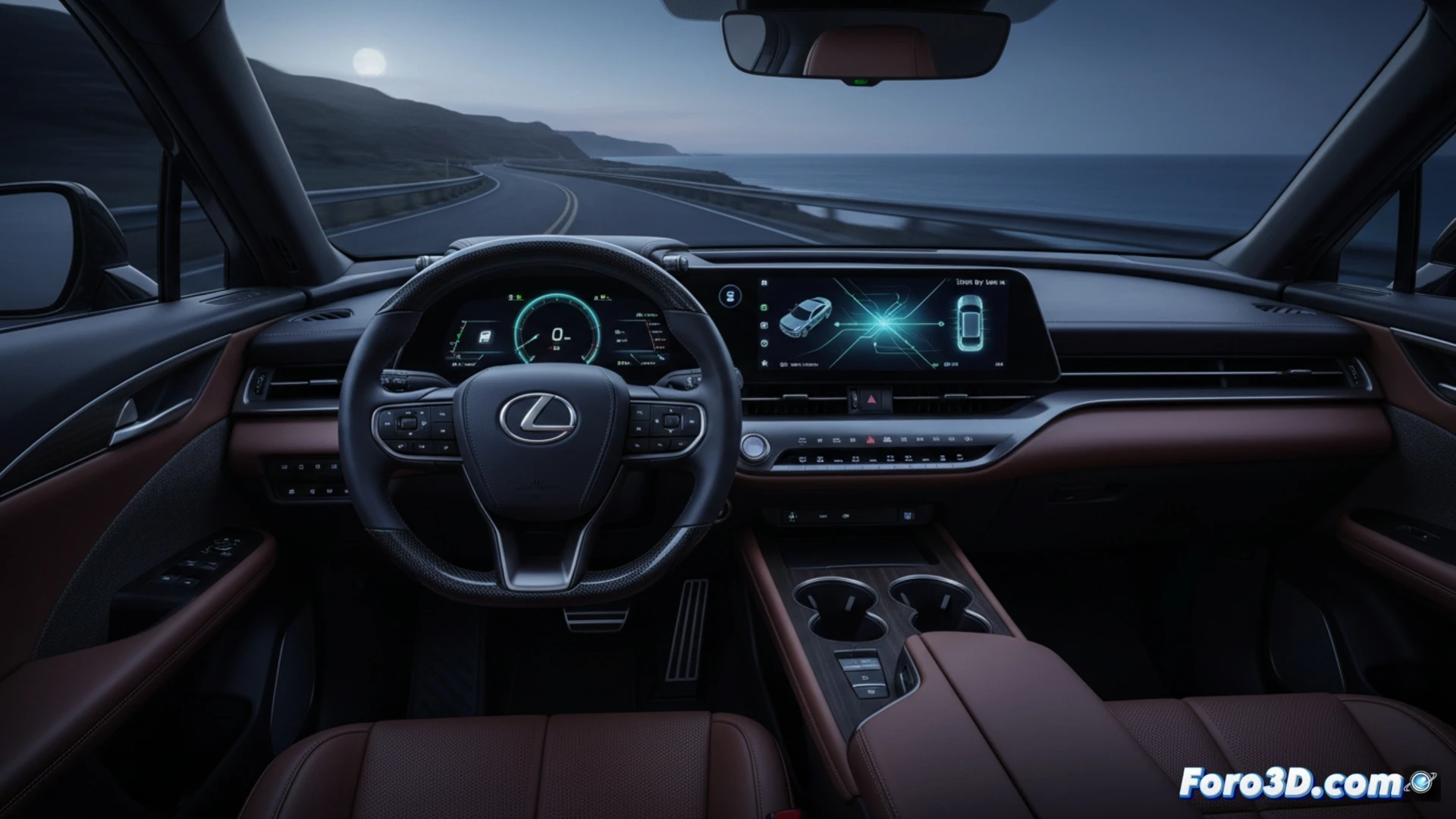 Lexus RZ eléctrico en carretera, volante futurista sin columna mecánica, destacando su dirección por cable y mayor autonomía.