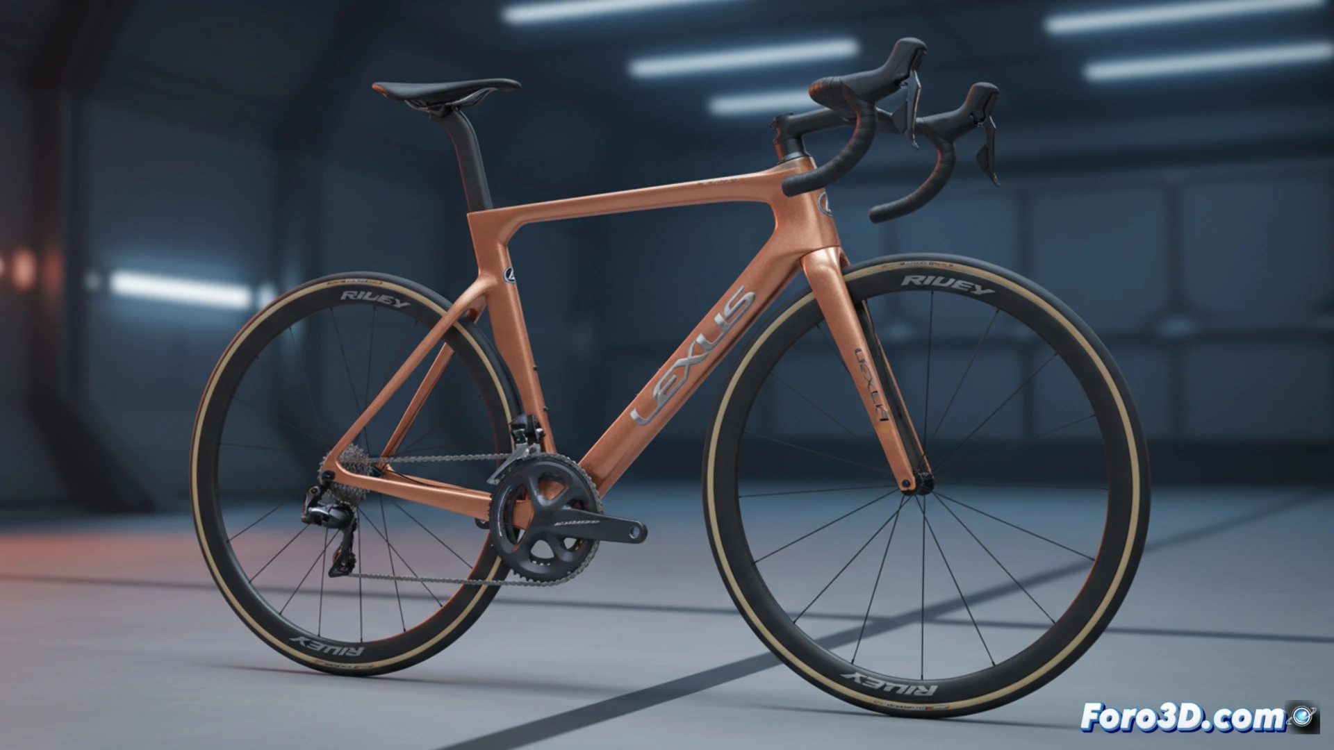 Lexus y Ridley bicicleta de 8 kilos en túnel de viento, ciclista profesional pedaleando a máxima velocidad, perfil aerodinámico del cuadro Noah Fast 3.0 en color Copper Petra, líneas de flujo de aire visibles sobre el manillar y ruedas, sensores de presión y anemómetros digitales instalados en el manillar, ingenieros ajustando parámetros en una tableta técnica, túnel de viento industrial con fondo oscuro y luces LED azules, partículas de humo trazando la estela aerodinámica, fotorealismo cinematográfico, iluminación dramática de estudio, detalles de carbono pulido y componentes mecánicos ultraligeros, desenfoque de movimiento en las ruedas durante la simulación