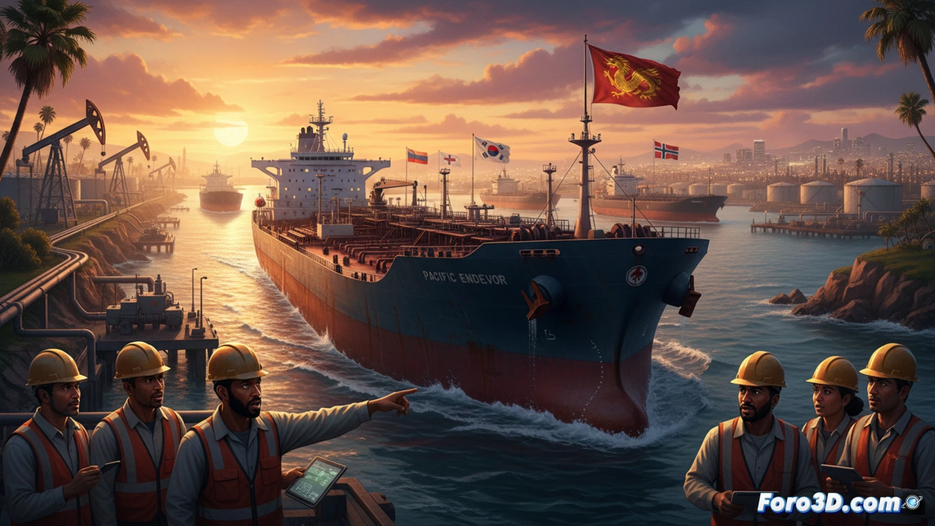 Un gran buque tanque extranjero atraca en una refinería californiana al atardecer. Bandera de otro país ondea junto al puerto industrial.