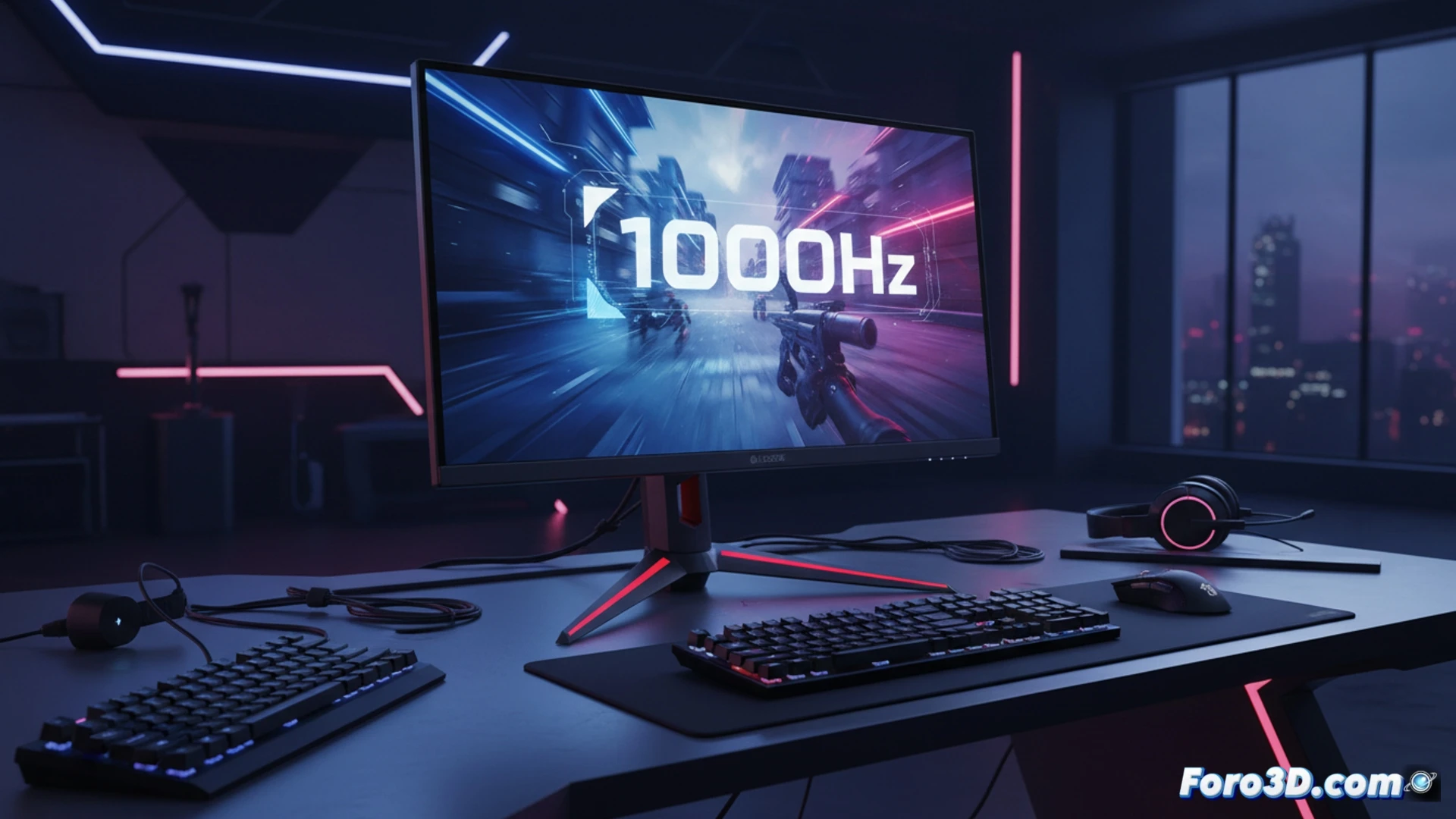 gaming monitor displaying a fast-paced first-person shooter match on a 24.5 inch screen, crosshair locked on an enemy character, motion blur trails from rapid camera movement, technical engineering visualization, monitor stand with cable management, keyboard and mouse in foreground, glowing blue LED accents on the monitor bezel, pixel grid close-up showing smooth transitions, ultra-smooth motion demonstration, photorealistic technical render, dramatic dark room lighting with neon reflections