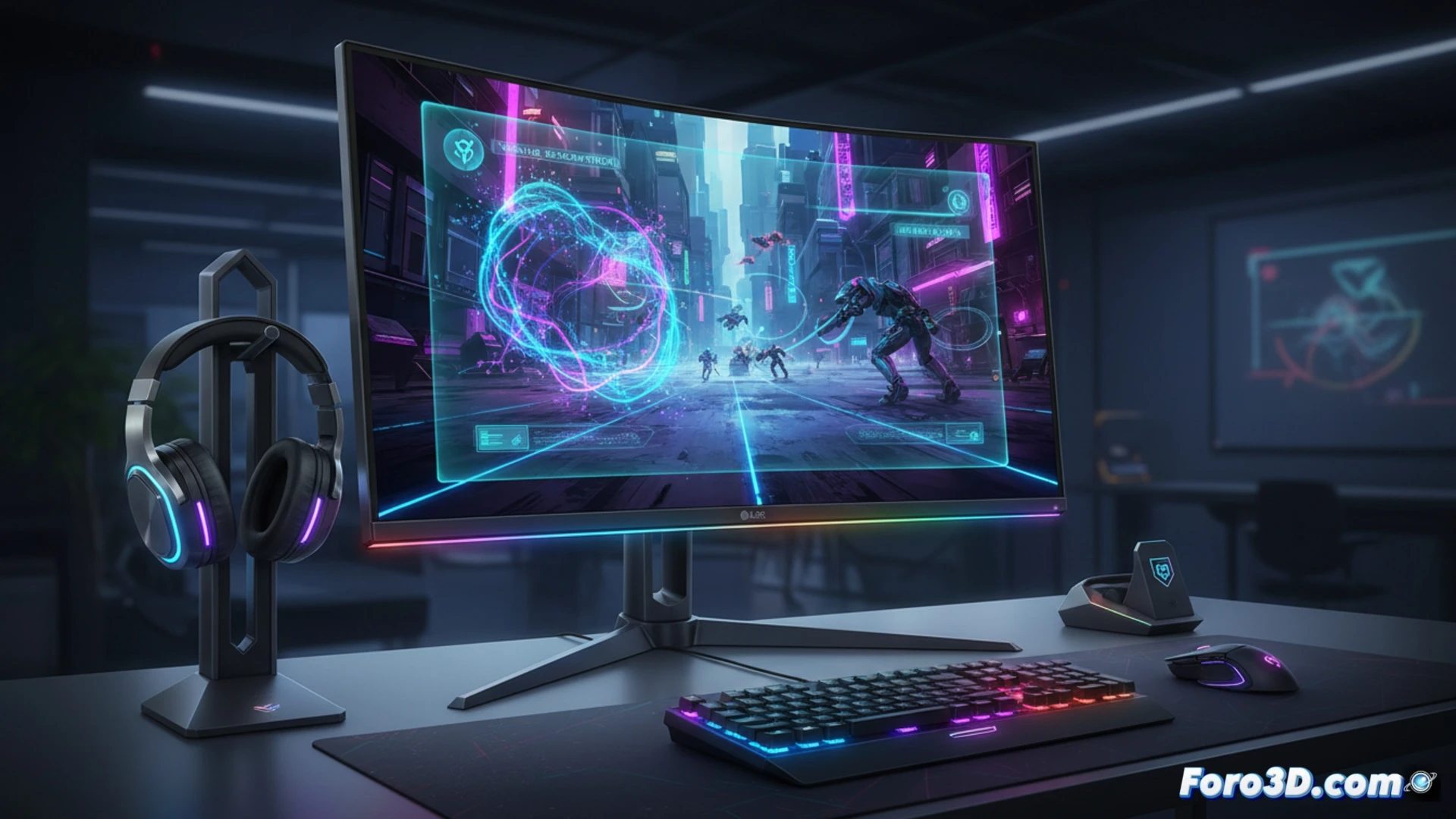 minimalist monitor stand with integrated headphone hook, AI gaming monitor displaying dynamic scene optimization menu for FPS and RPG genres, glowing RGB lighting strips on monitor bezel, transparent 3D sound wave visualization floating above the monitor showing AI Spatial Audio processing, gamer wearing compatible headphones reacting to directional audio cues, hands adjusting on-screen brightness with AI-driven sliders, cinematic product photography, photorealistic engineering visualization, dark ambient room with blue and purple neon accents, ultra-detailed cable management and brushed metal textures, dramatic side lighting highlighting the stand’s slim profile