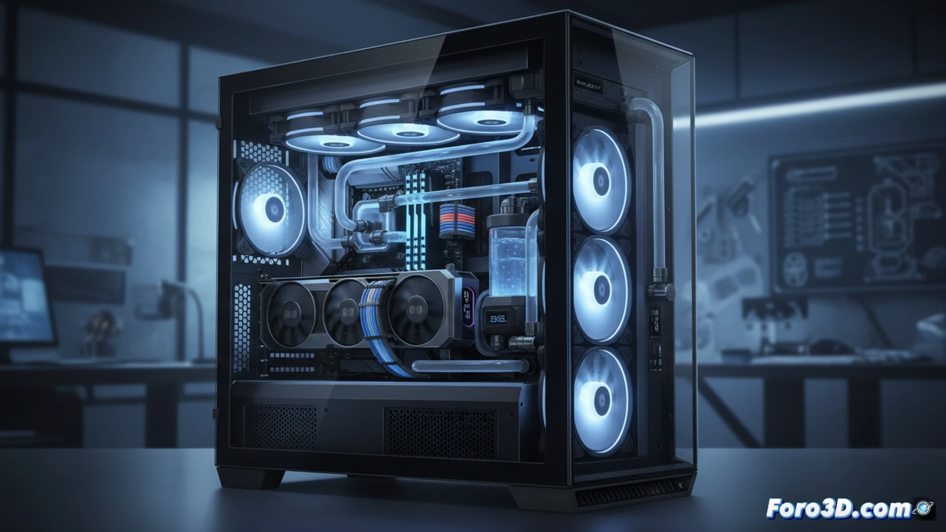 Lian Li O11 Dynamic EVO XL case interior, motherboard tray being rotated 180 degrees, three 420mm radiators mounted simultaneously in top side and bottom positions, GPU exposed vertically with custom water cooling loop tubing, airflow arrows showing reversed direction through mesh panels, hands of a builder adjusting a fan bracket, cinematic engineering visualization, polished aluminum surfaces reflecting soft RGB glow, dark glass panels open revealing layered hardware, photorealistic technical render with dramatic studio lighting