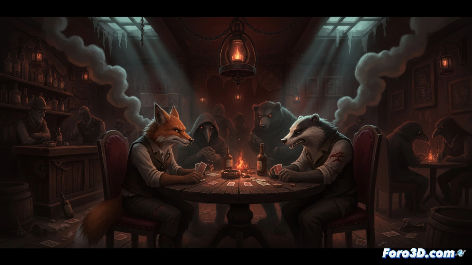 Liar's Bar Unity ZBrush personajes antropomórficos antro clandestino humo volumétrico sombras oscuras