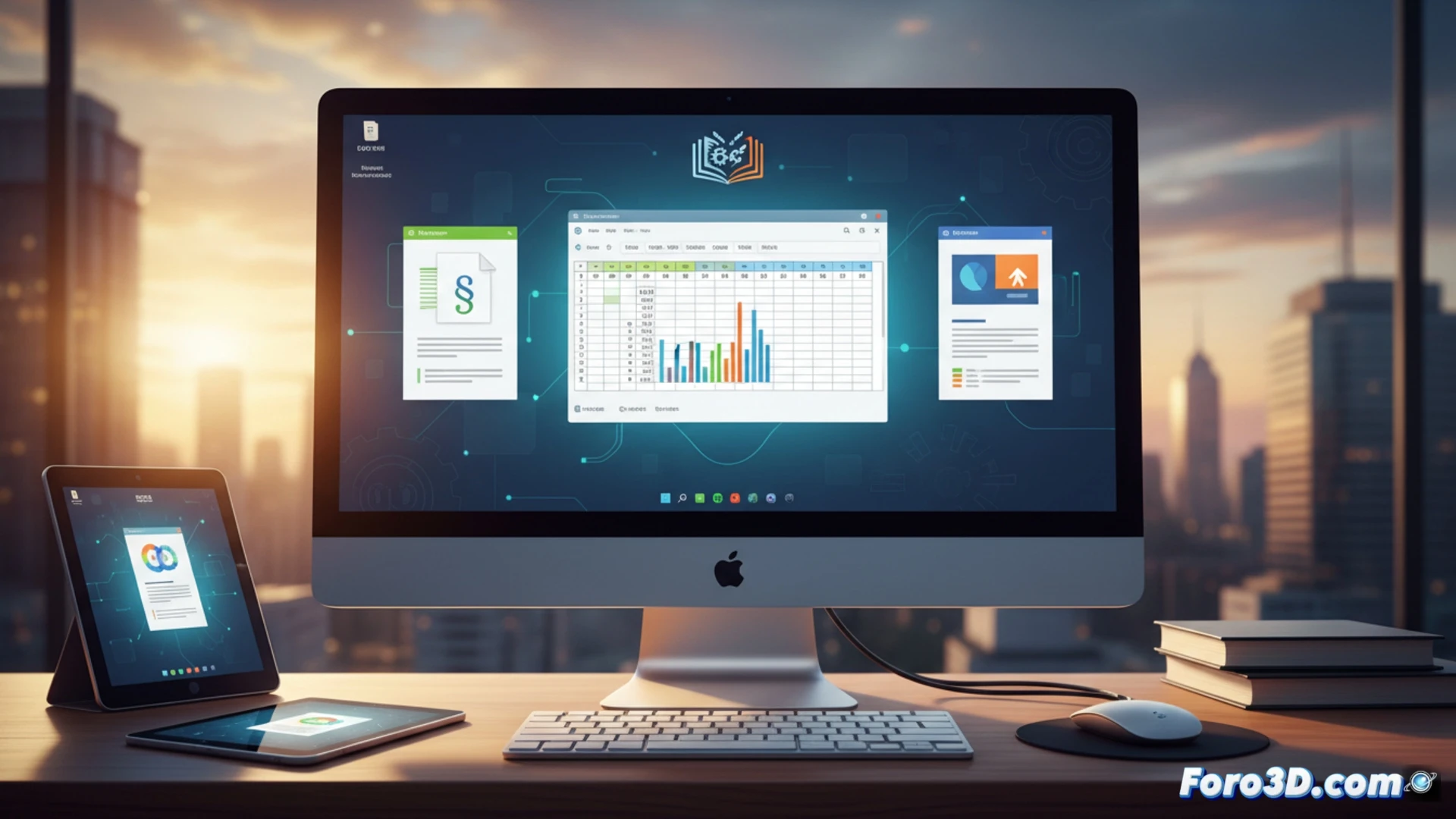 Una pantalla partida muestra Microsoft Office con precio de suscripción y LibreOffice gratis con iconos de Writer, Calc e Impress, mas documentos .docx, .xlsx y .pptx compatibles.