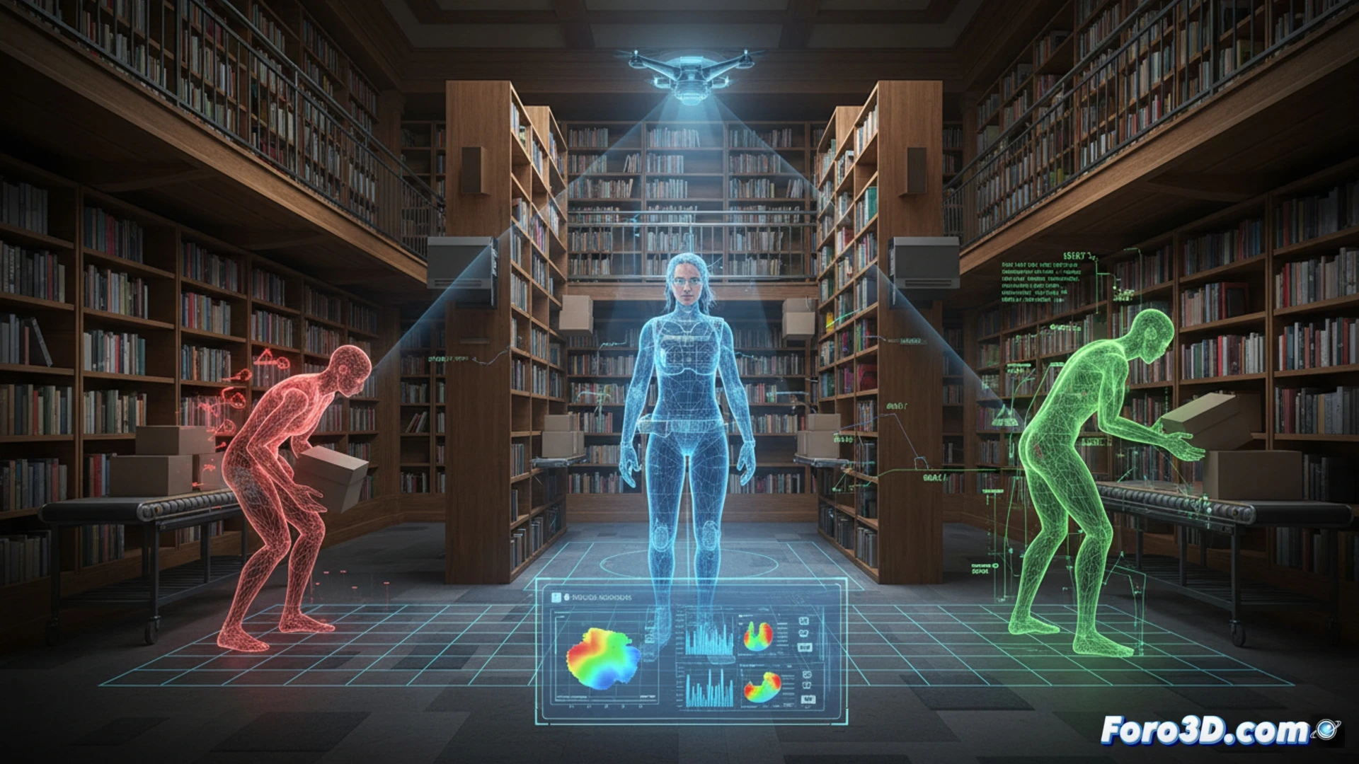 Librero usando escáner 3D corporal para análisis ergonómico en librería con estantes altos y cajas bajas
