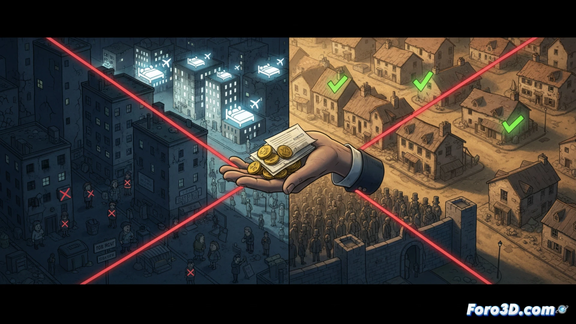 Aerial view of a dense city with a glowing red zone over central residential blocks, while a single blue key icon floats toward a sparse rural area. In the foreground, a large hand hesitates to pull a lever labeled with a gear and house symbol, surrounded by shadowy figures holding briefcases and smiling. Cinematic wide shot, photorealistic architectural visualization, dramatic contrast between crowded red urban core and empty blue outskirts, metallic lever mechanism, soft sunlight breaking through clouds, high detail textures, realistic shadow play, technical illustration style.