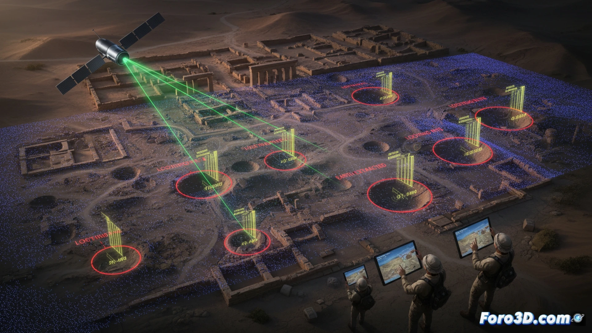 Mapa 3D de un yacimiento arqueológico con pozos de saqueo detectados por LIDAR satelital en zona de conflicto