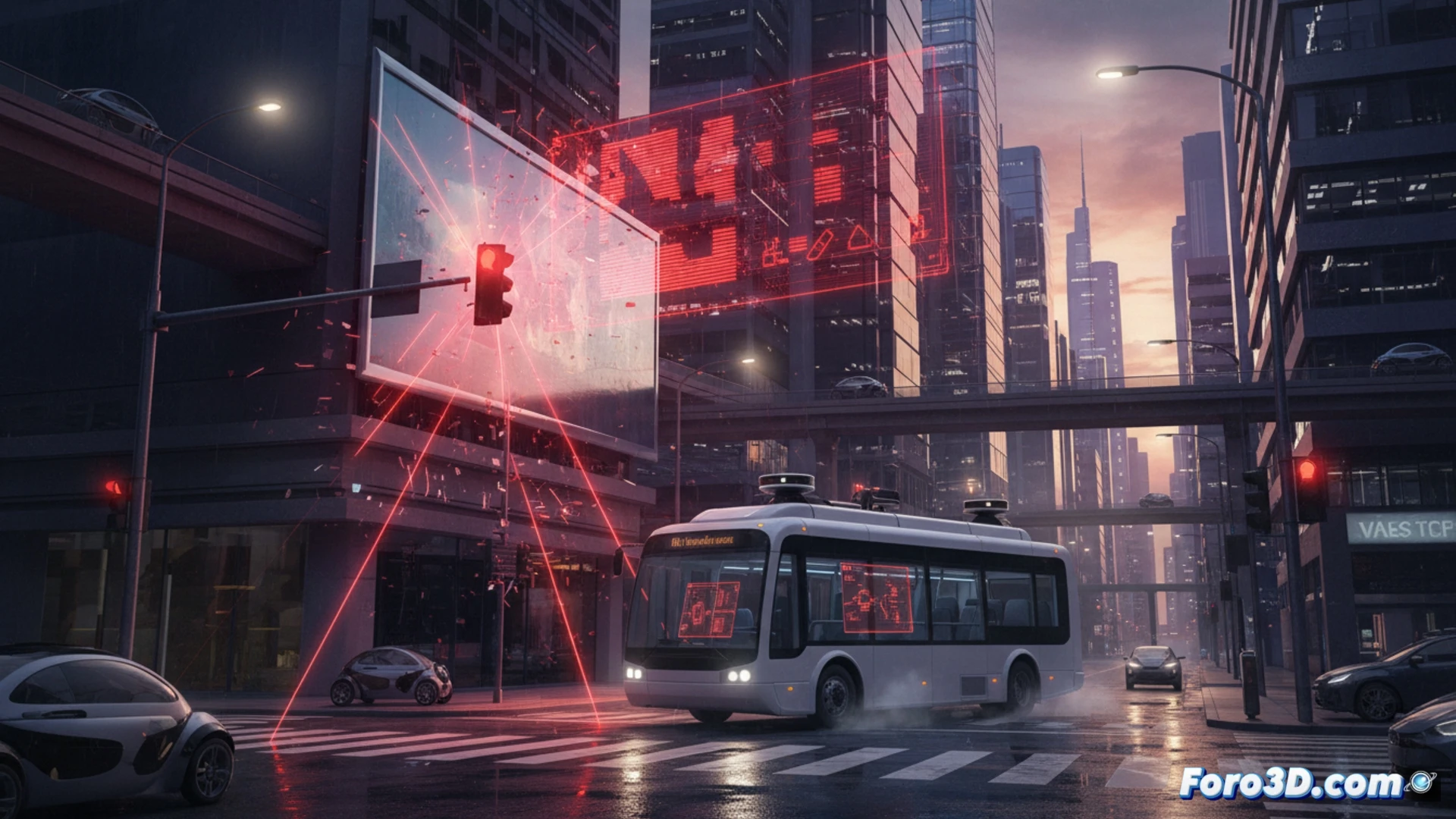 Interseccion urbana con sensor LiDAR V2I y vehiculos, reflejo en superficie metalica causa deteccion erronea