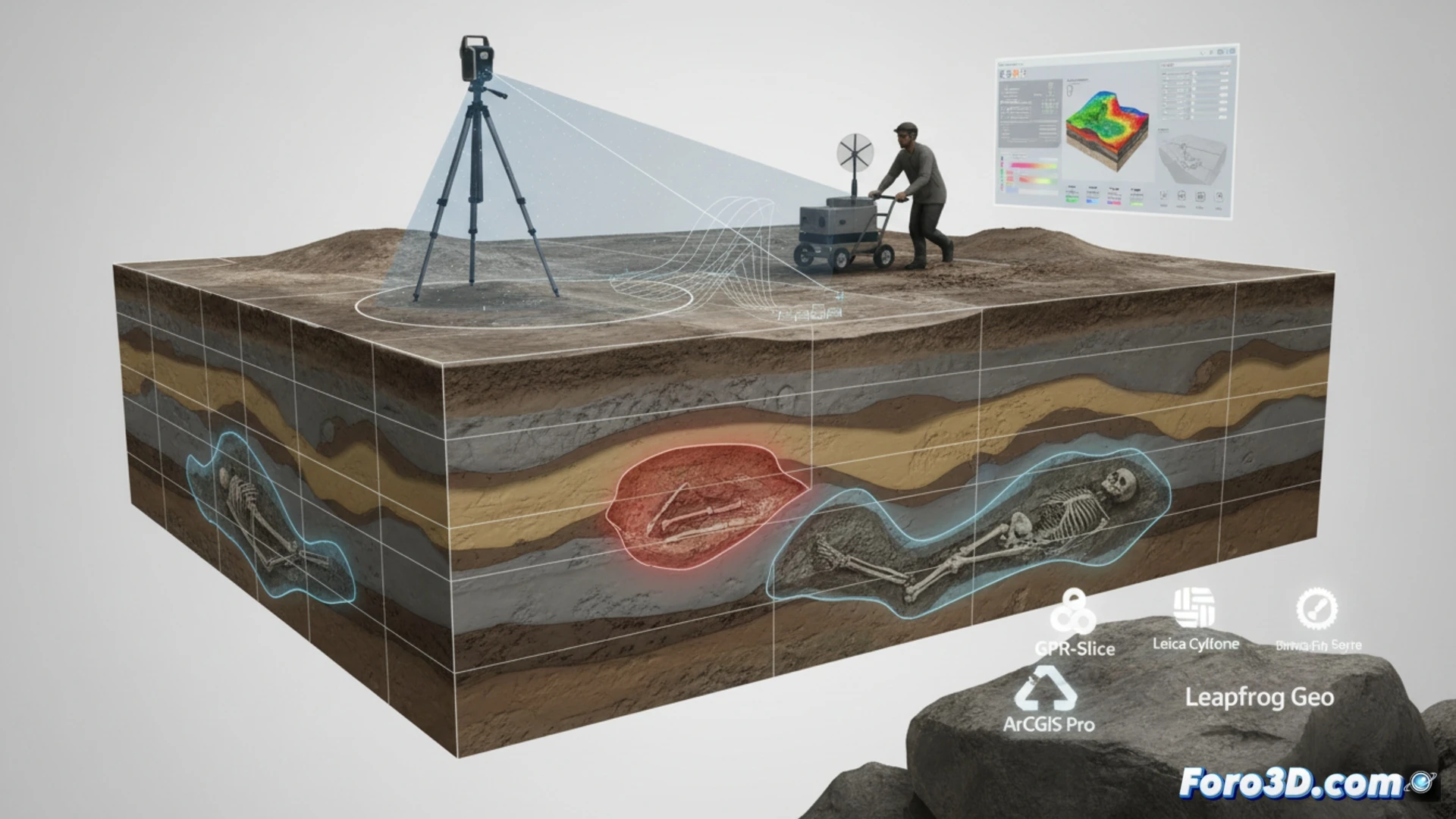 Escáner LiDAR y georradar en campo para modelado 3D del subsuelo y detección de fosas