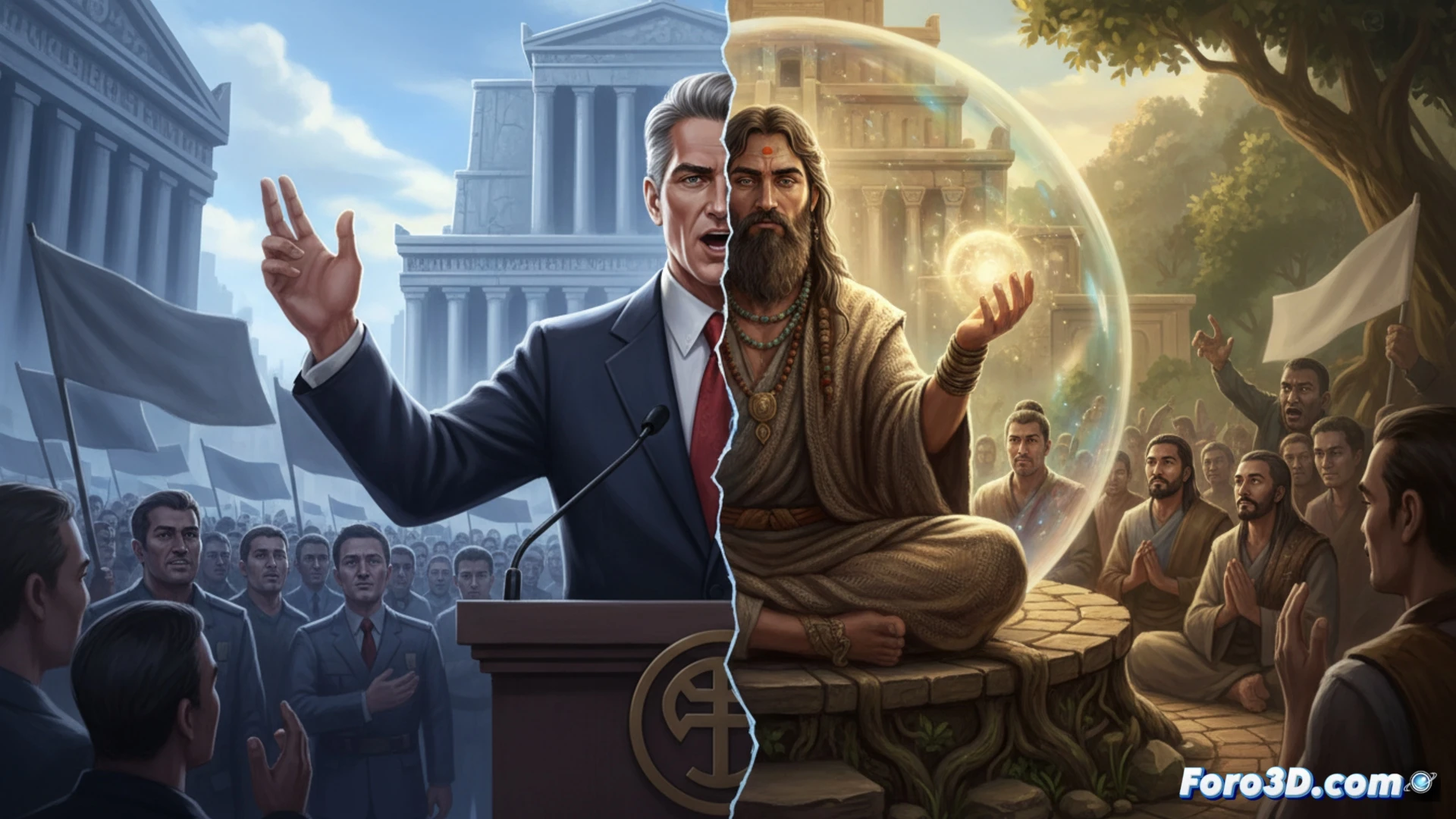 photorealistic scene of a political rally stage transforming into a cult temple, a single charismatic speaker at a podium with a glowing microphone, holographic screens showing identical faces in the audience, a glass wall dividing two identical control rooms, one labeled with a ballot box and the other with a meditation bell, audience members wearing matching earpieces while raising hands in unison, a digital bubble of filtered news feeds surrounding the stage, cinematic lighting with stark contrast between warm stage lights and cold blue shadows, ultra-detailed textures on the podium and audience clothing, dramatic wide-angle shot, technical illustration style