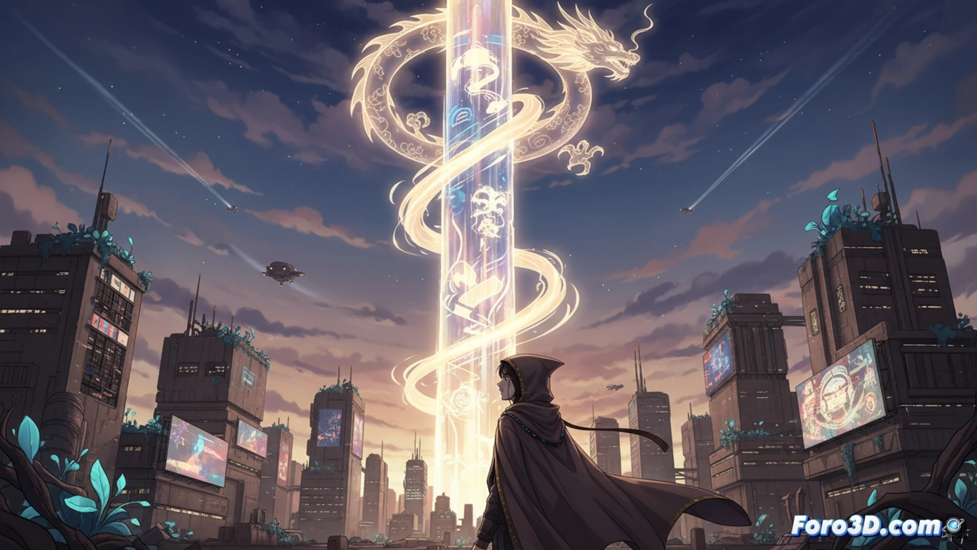 animated 2D character floating upward through a dimly lit apartment, live-action hand reaching toward a glowing digital tablet on a messy desk, soft blue light casting shadows across scattered drawing tools and stylus pens, cinematic fusion of hand-drawn lines and realistic textures, melancholic sci-fi atmosphere, dust particles suspended in air, single chair facing a window showing neon city skyline at dusk, emotional solitude, photorealistic technical render with painterly animation elements, dramatic low-key lighting, ultra-detailed room textures