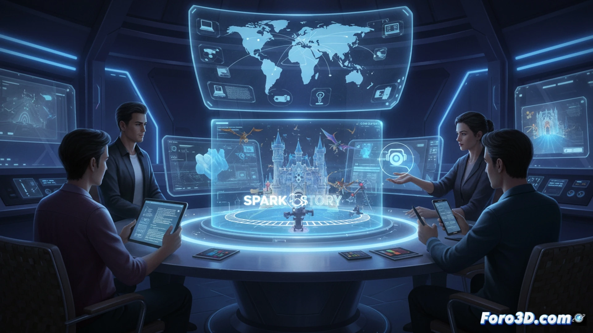 Un cineasta sostiene una tableta mostrando una escena digital en tiempo real, con entornos 3D, guion y cámara realista, mientras un equipo colabora globalmente.