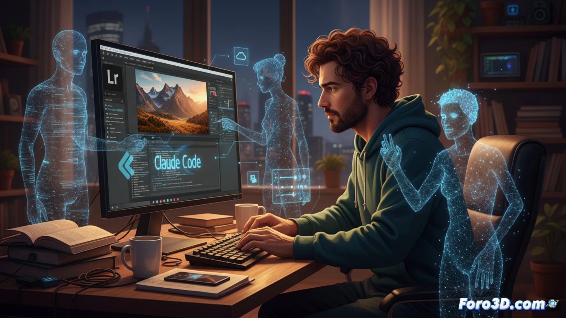 developer workstation showing Adobe Lightroom CC interface running on Linux desktop environment, Wine compatibility layer active with modified DLL files visible in terminal window, Claude Code AI assistant displayed on secondary monitor providing code suggestions, glowing cloud sync icon indicating active synchronization, multiple library files being compiled in background, cinematic technical illustration style, warm studio lighting on keyboard and mouse, dark mode Linux UI with vibrant photo editing previews, detailed file system navigation showing Wine-Staging configurations, realistic hardware reflections on monitor bezels, engineering visualization aesthetic, precise coding actions captured mid-process