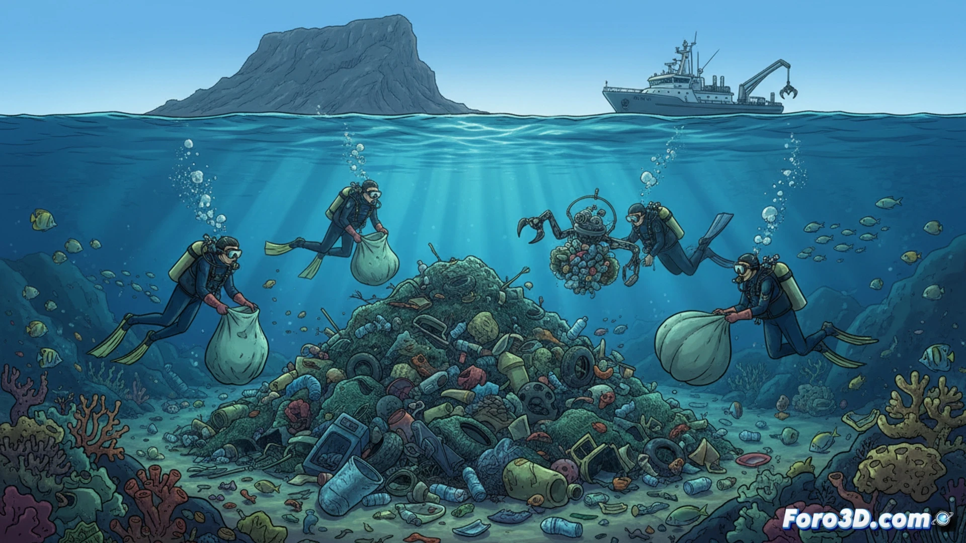 Underwater cleanup operation in Sant Elm bay, scuba divers collecting tangled fishing nets and plastic debris from rocky seabed, metal cages filled with rusted anchors and discarded ropes being lifted by air balloons, sunlight rays piercing turquoise water, sediment clouds rising during extraction, marine biologist using underwater tablet to catalog waste, photorealistic engineering visualization, dramatic natural lighting, detailed textures on coral and algae-covered rocks, realistic water caustics, technical marine salvage scene