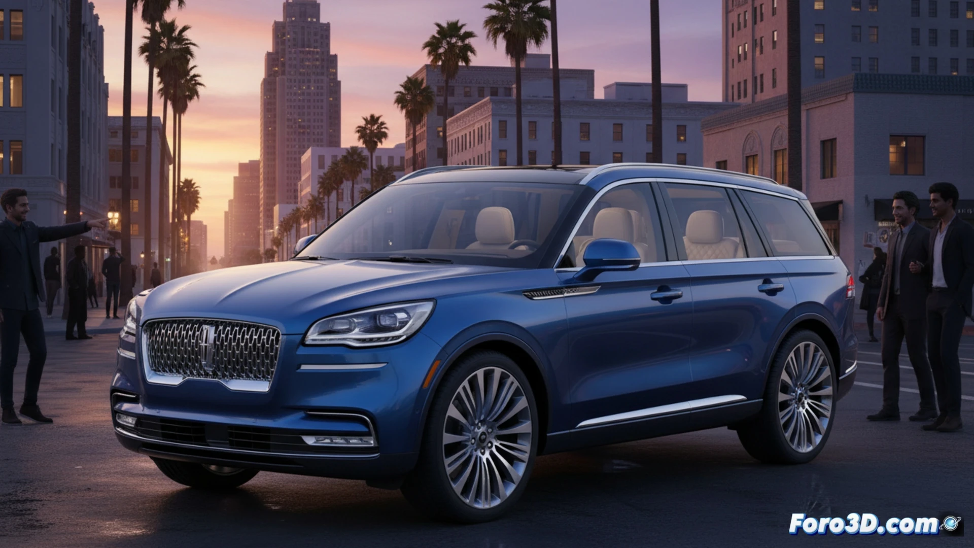 Un Lincoln Aviator 2026 azul metálico, bajo el sol de Los Ángeles, atrae miradas con su parrilla cromada y luces LED.