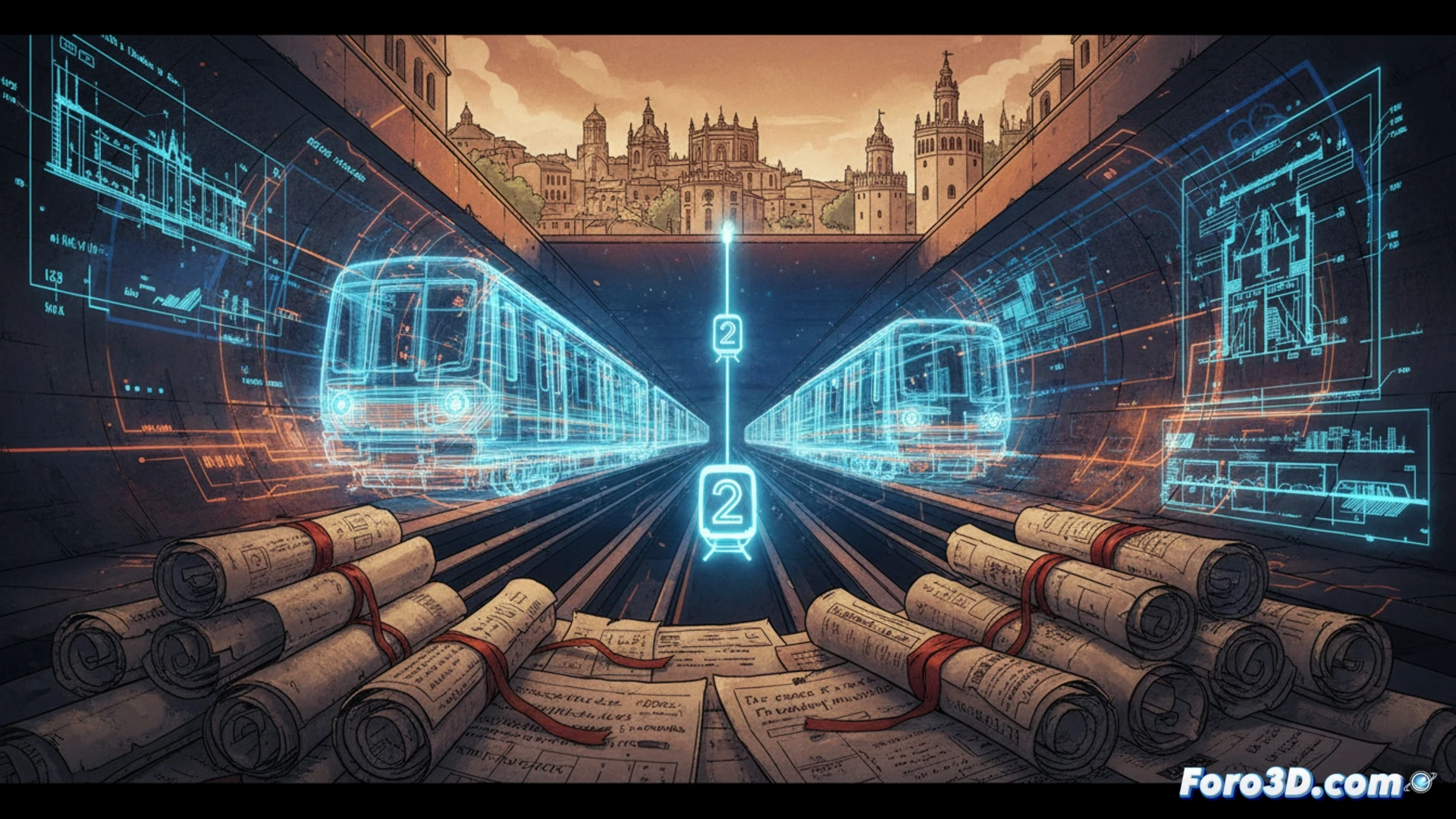 Mapa conceptual de la Línea 2 del Metro de Sevilla, con trazado fantasma sobre fondo de calles reales