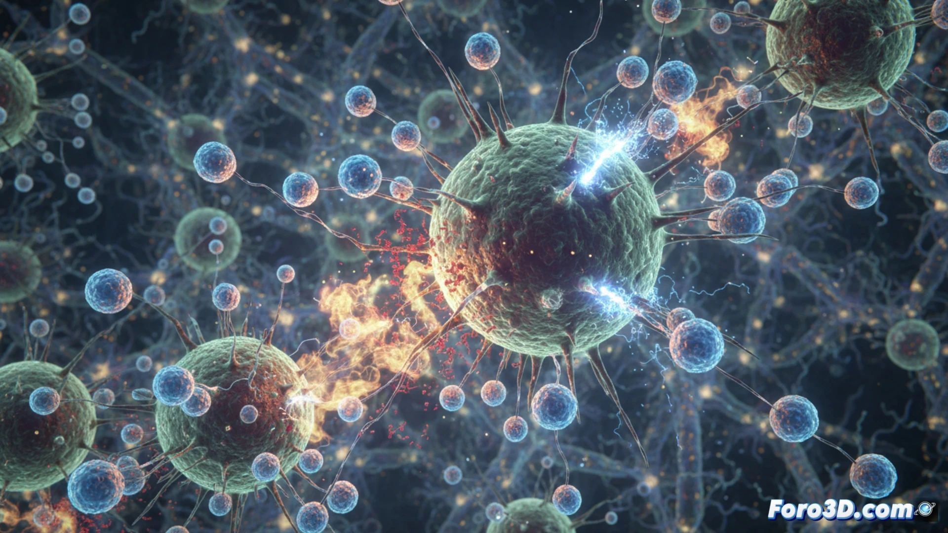 Linfocitos T en 3D atacan célula cancerosa, formando una sinapsis inmunológica brillante en tiempo real, con detalles microscópicos nunca vistos.