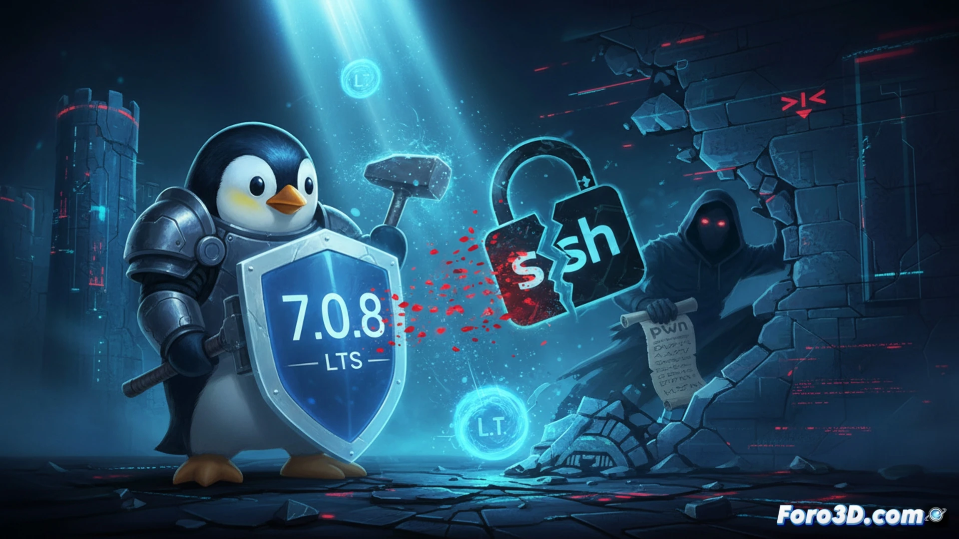 Linux kernel source code patch application scene, developer applying urgent security fix to ptrace get_dumpable logic, terminal window showing ssh-keysign-pwn vulnerability being patched, multiple LTS branch kernel files being modified simultaneously, Linus Torvalds git commit visible on monitor, root file access prevention mechanism being activated, cinematic technical illustration, dark coding environment with green syntax highlighting, glowing binary data streams, realistic terminal interface, dramatic blue and amber lighting, photorealistic engineering visualization, detailed circuit board background